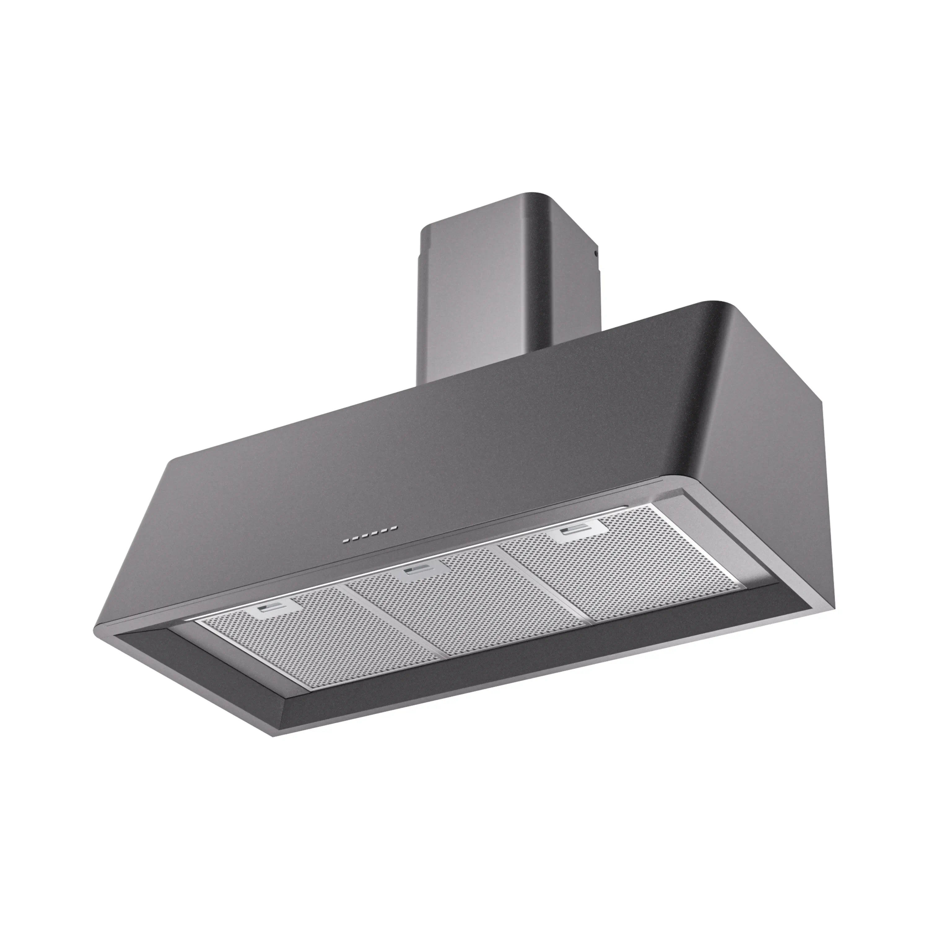 Graphite matte wall range hood with baffle filters under the canopy