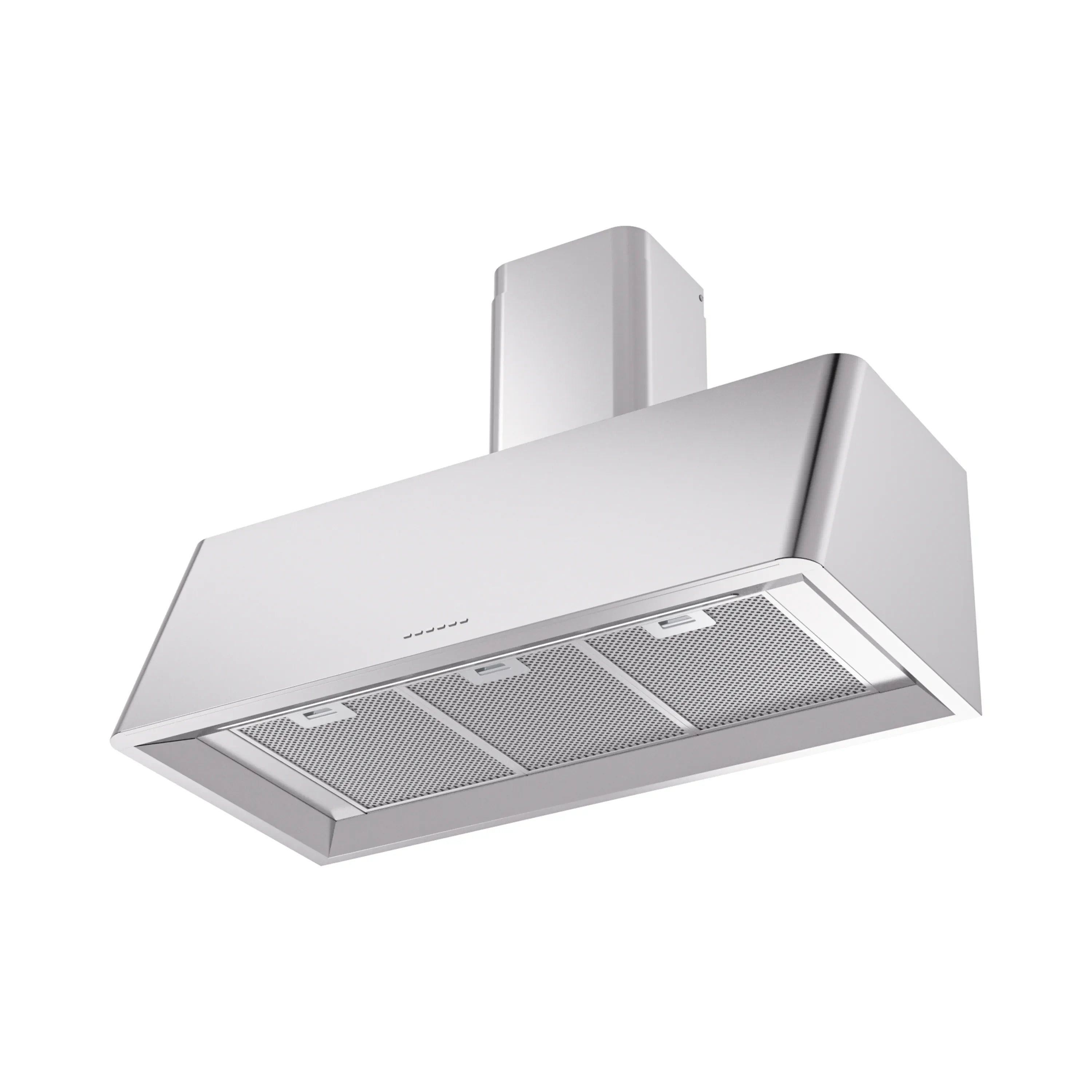 Stainless wall range hood with front vent grilles and sloped canopy