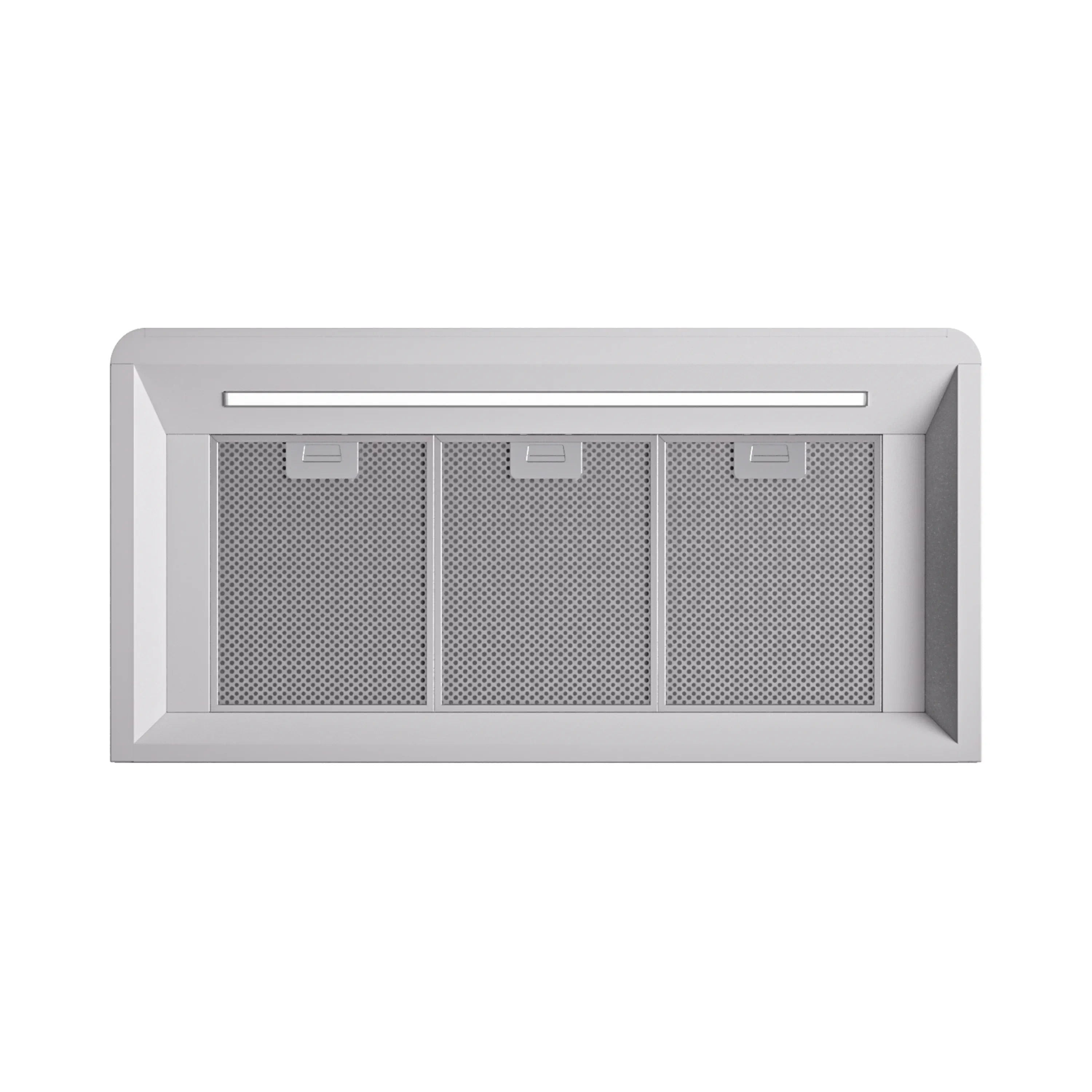 White range hood with three perforated metal filter grille panels