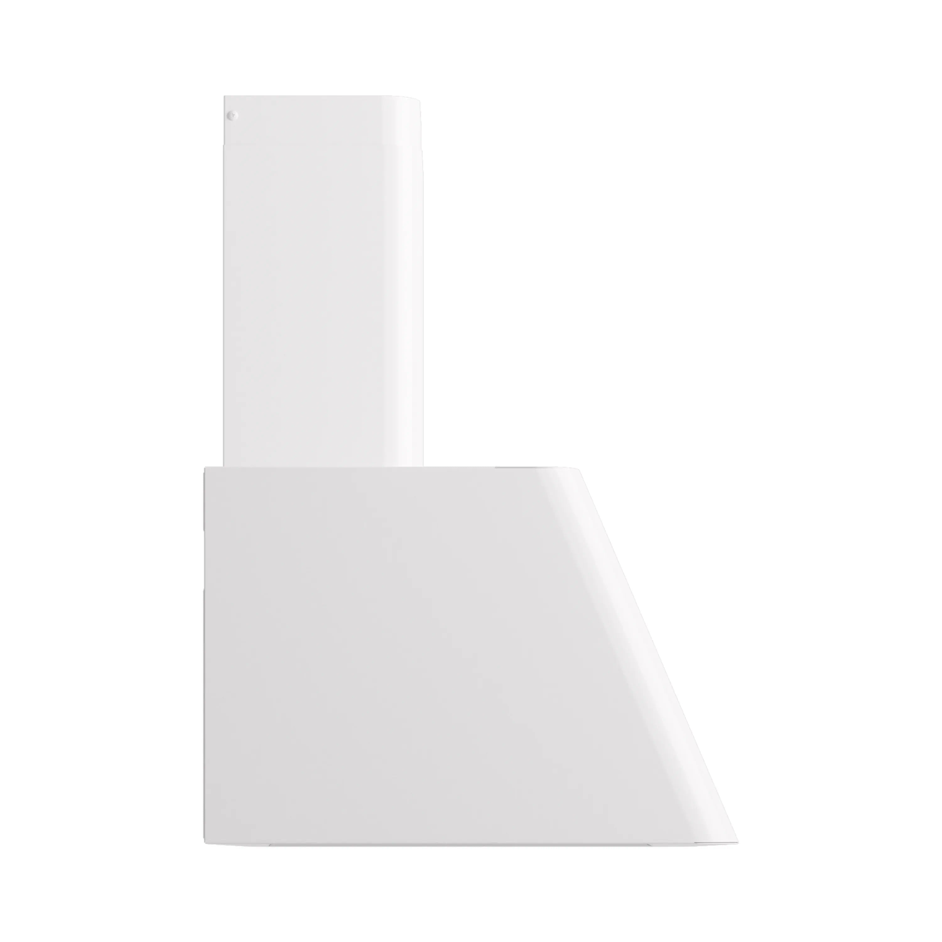 White wall-mounted range hood with angled front panel and chimney