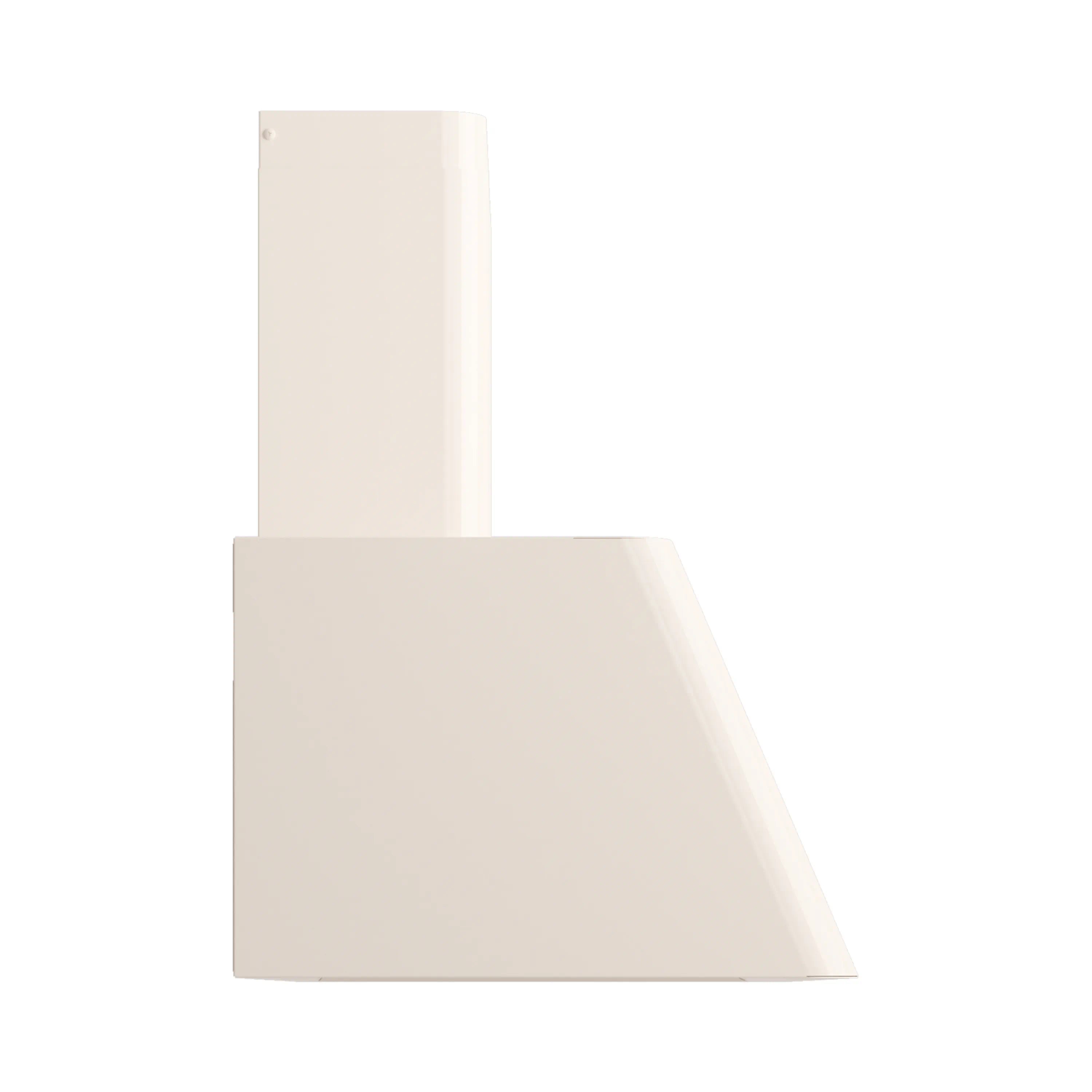Antique white wall-mounted range hood with angled chimney and side view