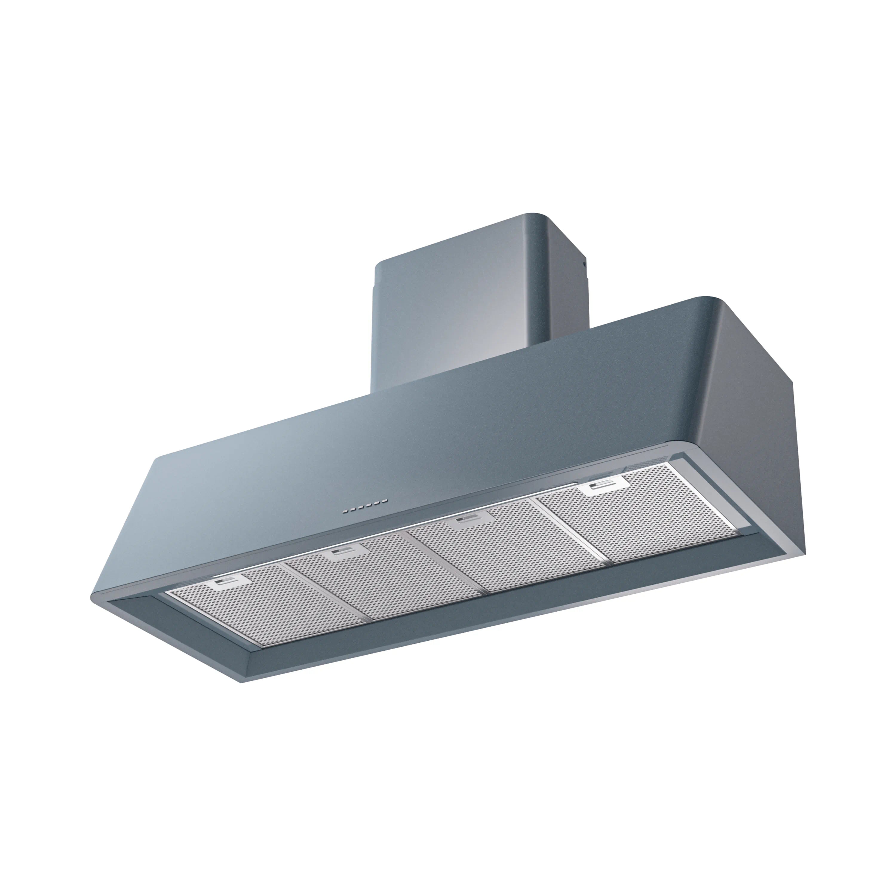 ILVE wall-mounted range hood, blue-gray, with mesh filter panels and vented grille.
