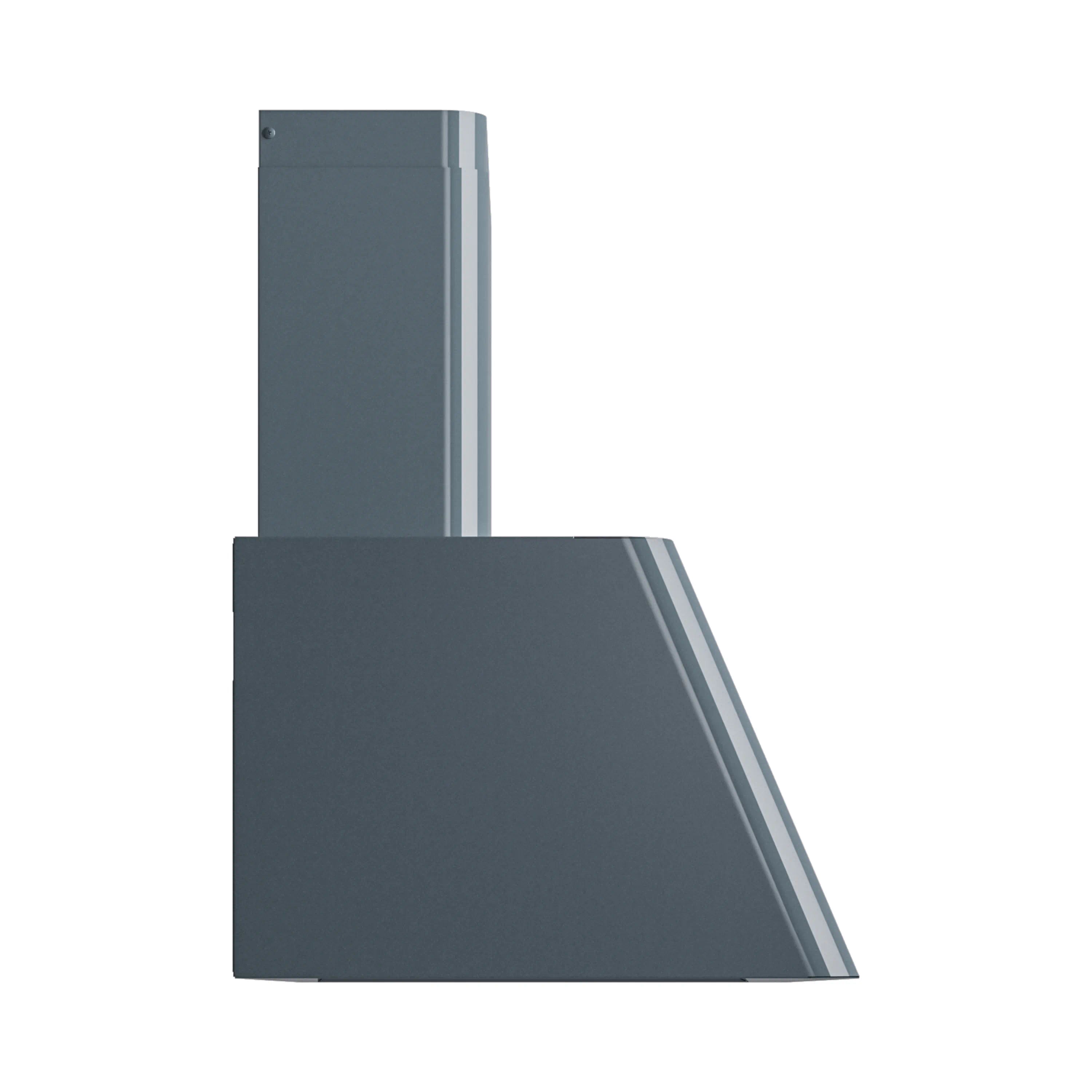 ILVE wall-mounted range hood in blue-gray with vertical chimney and angled canopy.