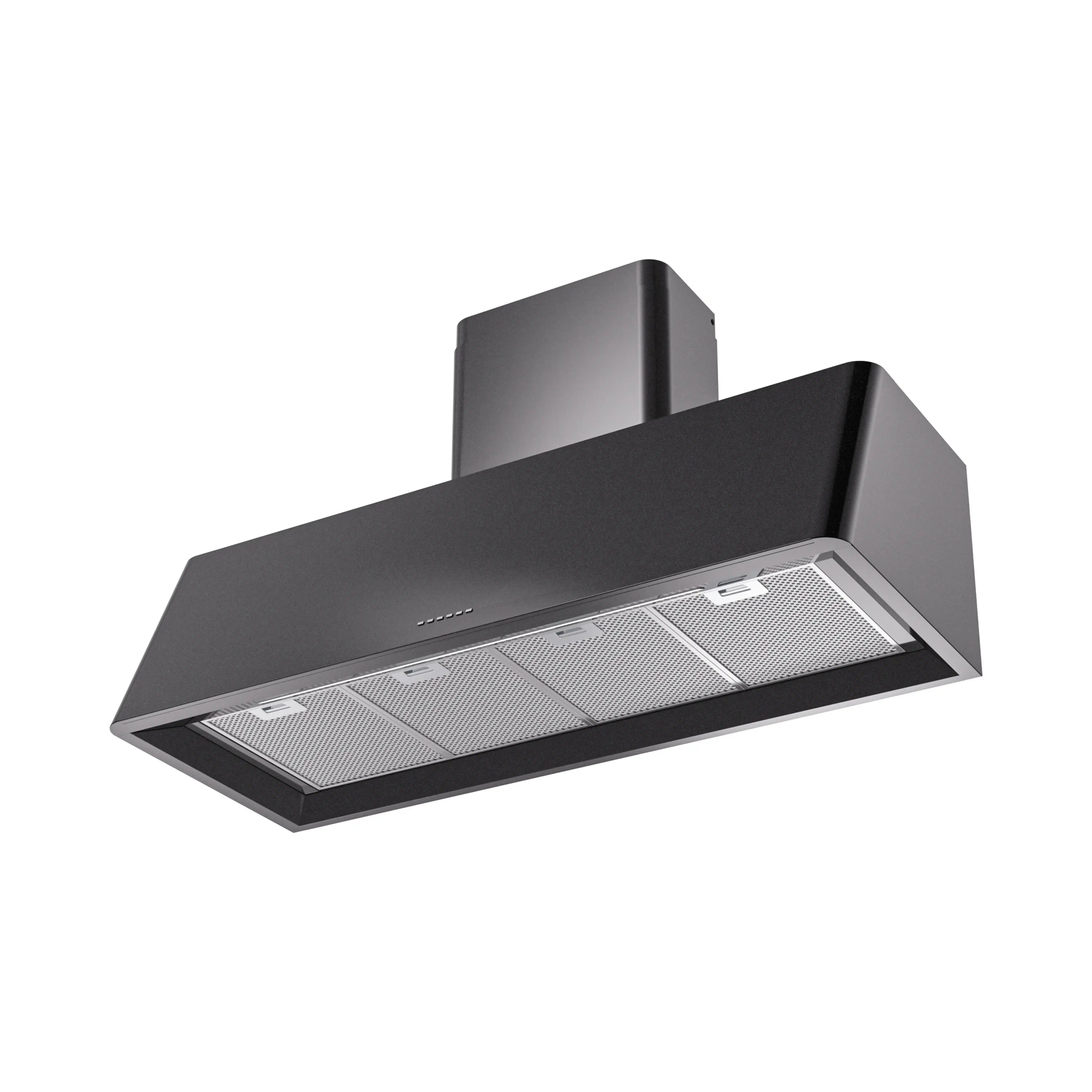 Glossy black wall-mounted range hood with front mesh filter panels