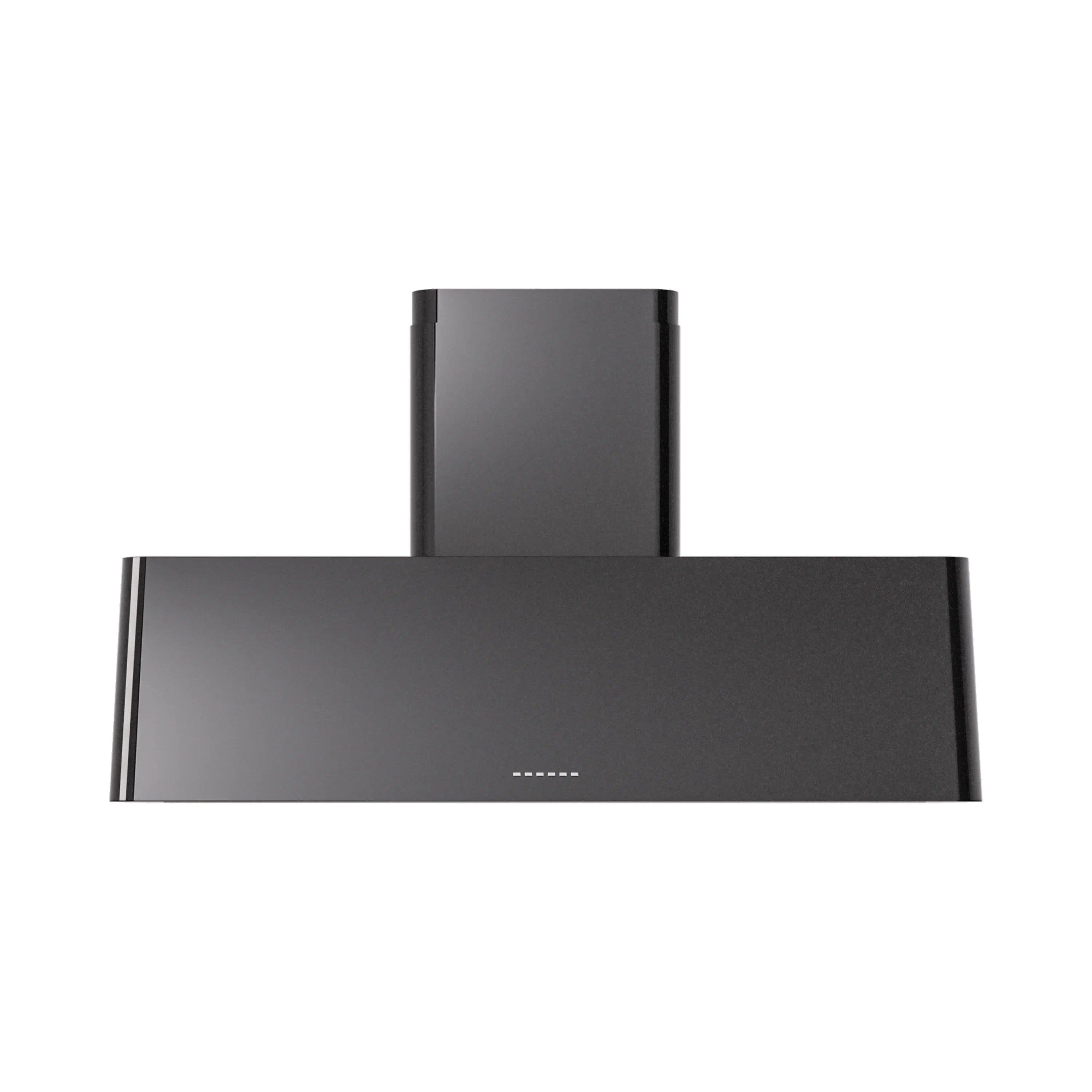 Glossy black wall-mounted range hood with chimney body and flat front panel