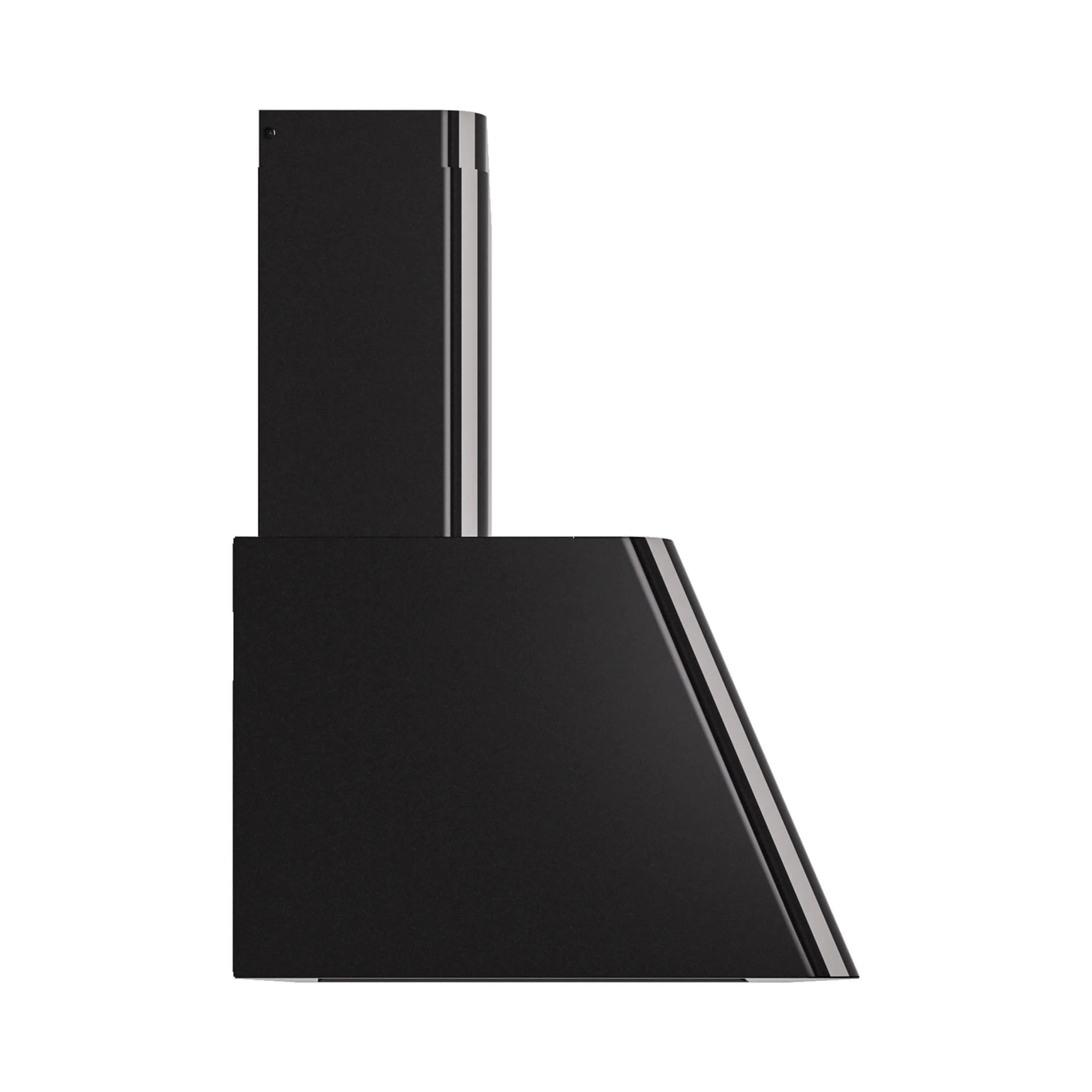 Glossy black wall-mounted range hood with angled side panel and chimney stack