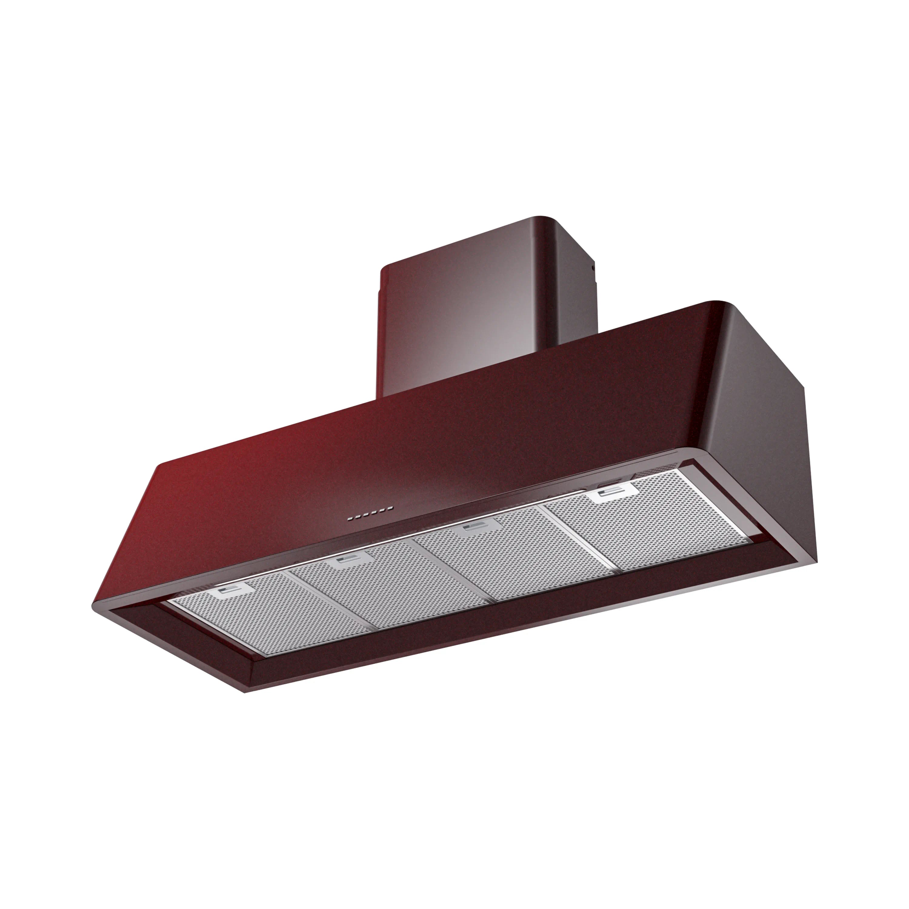 Burgundy wall-mounted range hood with stainless mesh filter panels and chimney