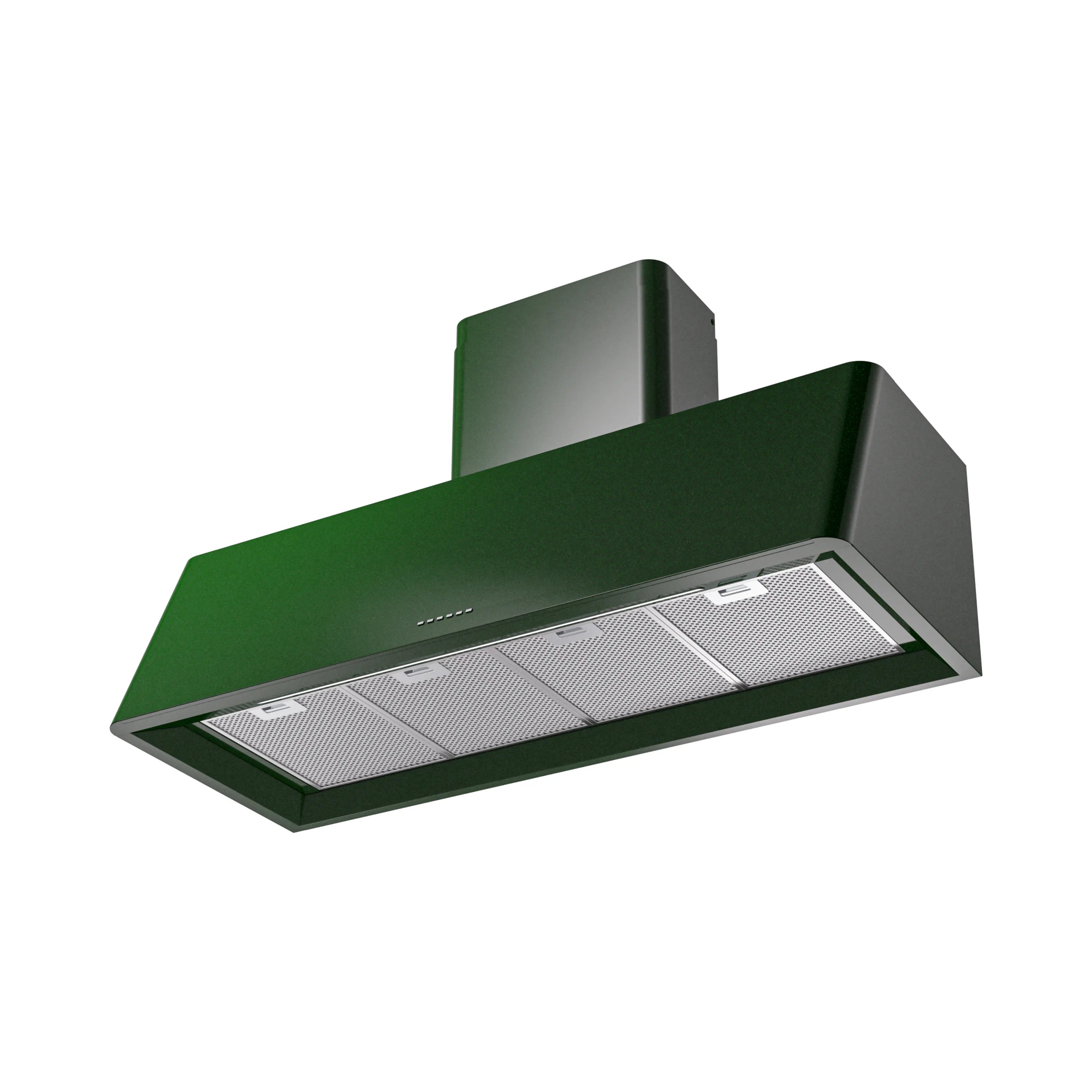 Emerald green wall range hood with stainless mesh filter and angled chimney