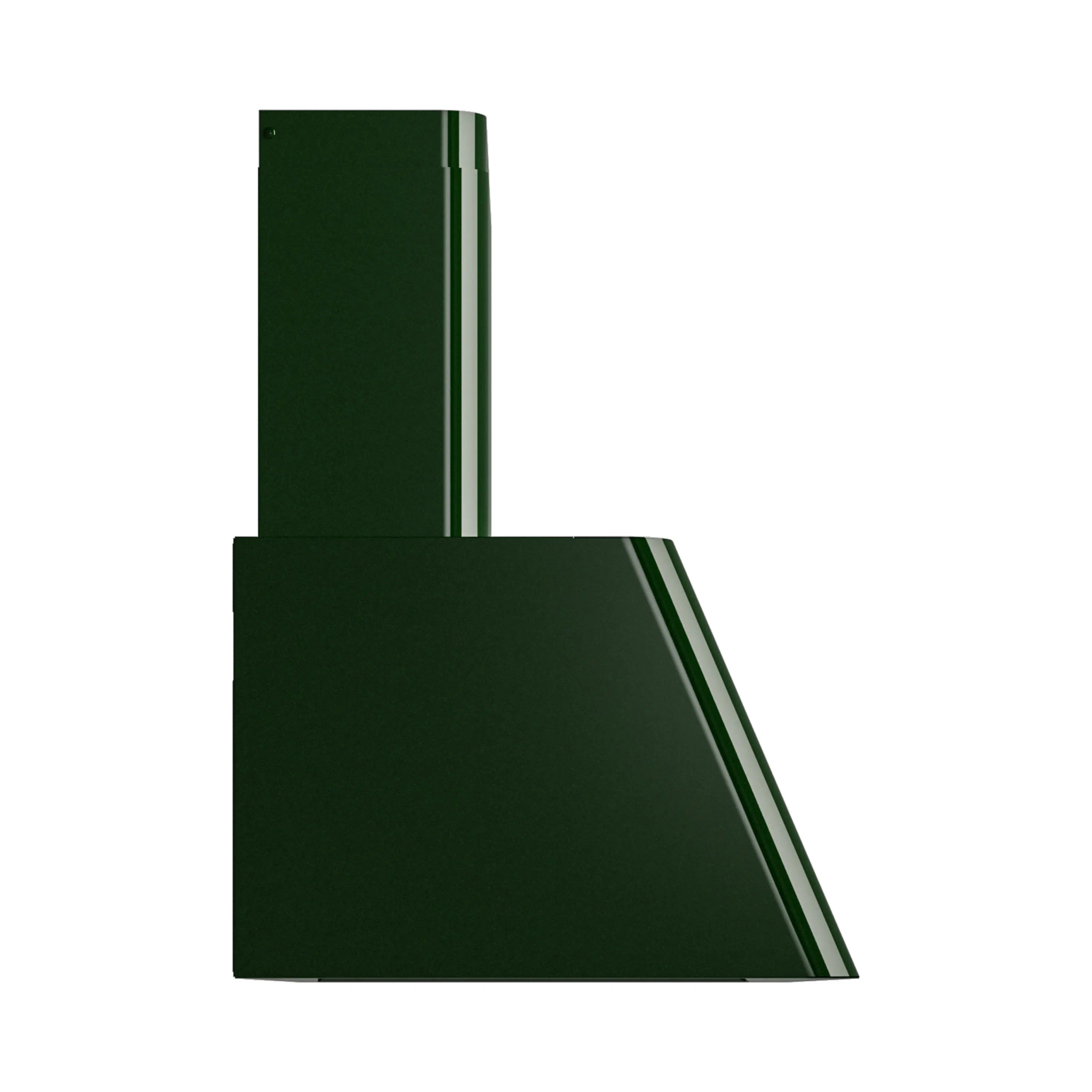 Emerald green wall range hood with angled chimney and decorative side stripes