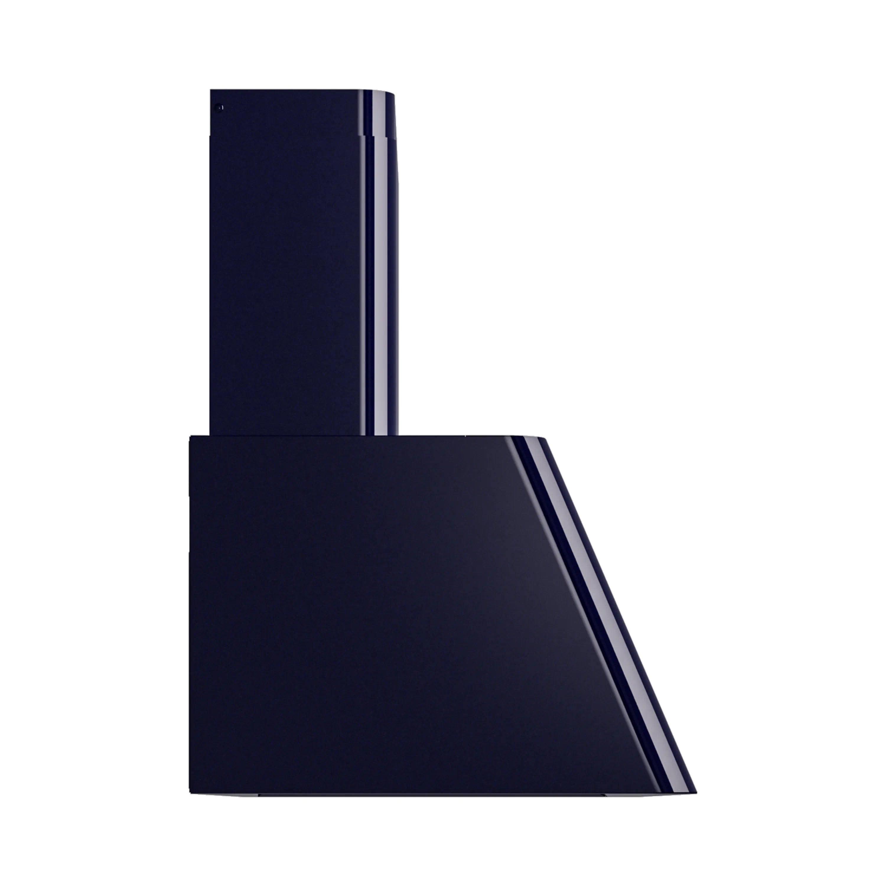 Midnight blue wall mounted range hood with curved chimney and angled vent panel
