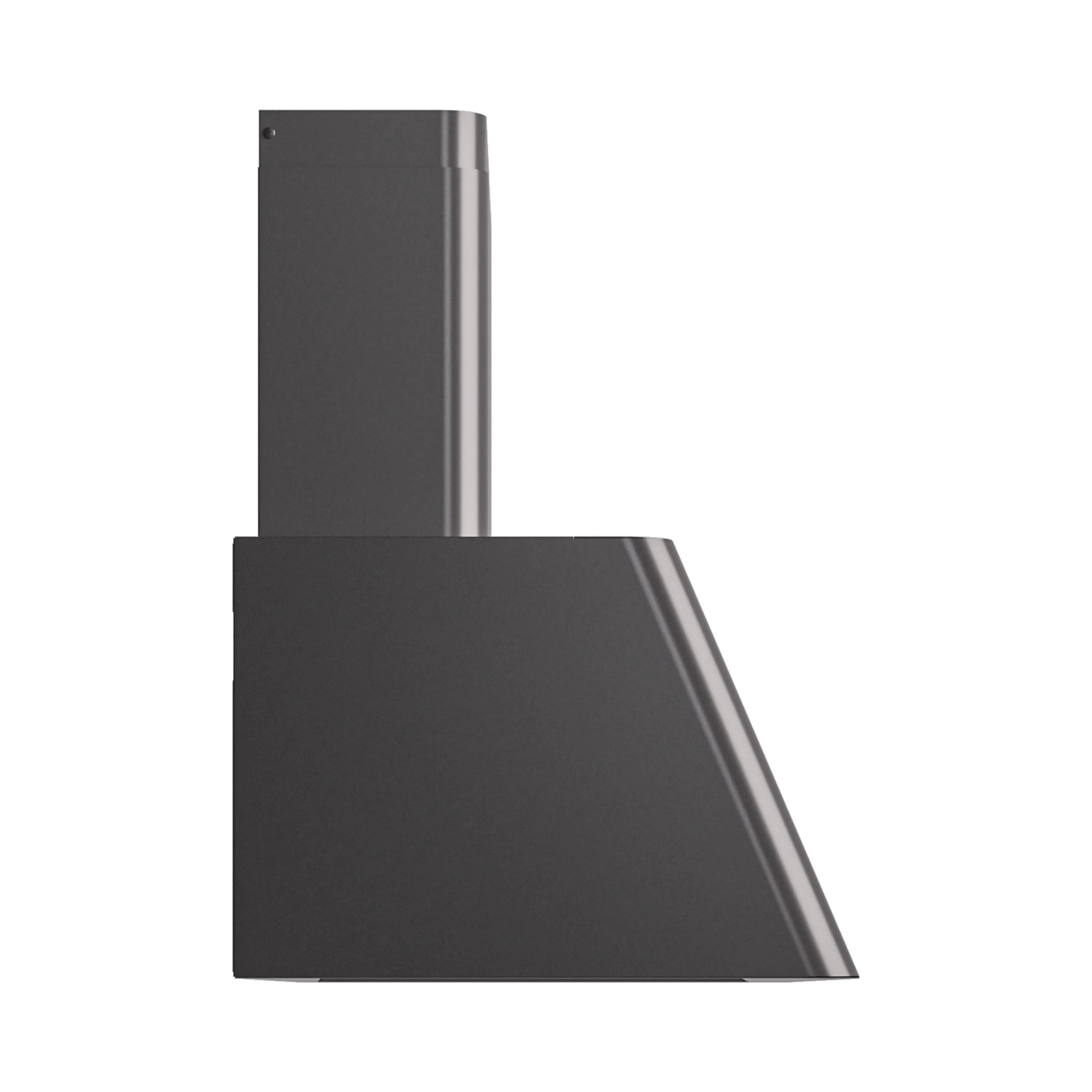 Wall-mounted range hood in matte graphite with chimney stack and angled front