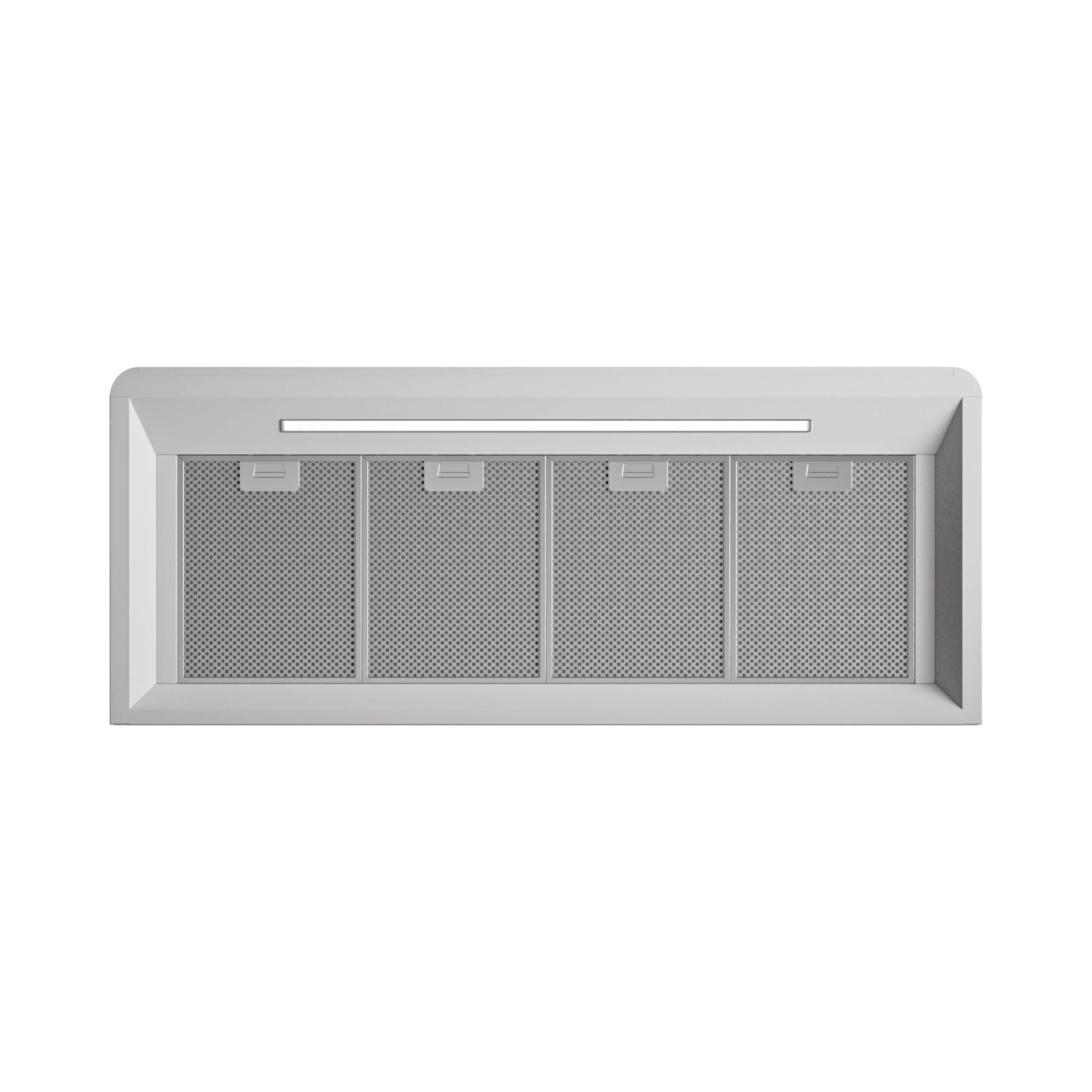 White range hood front grille with four mesh baffle filter panels
