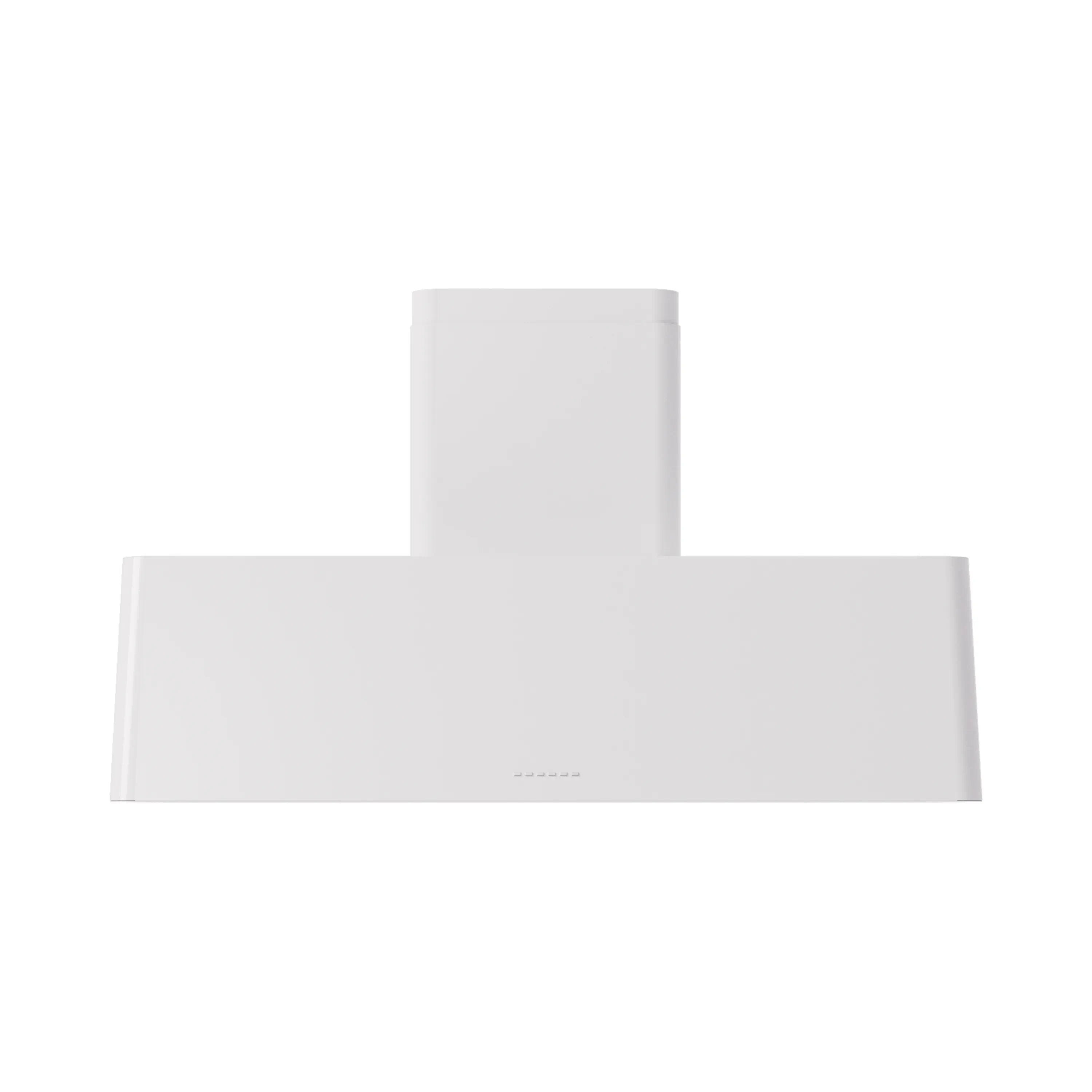 White wall-mounted range hood with tall chimney stack and flat canopy