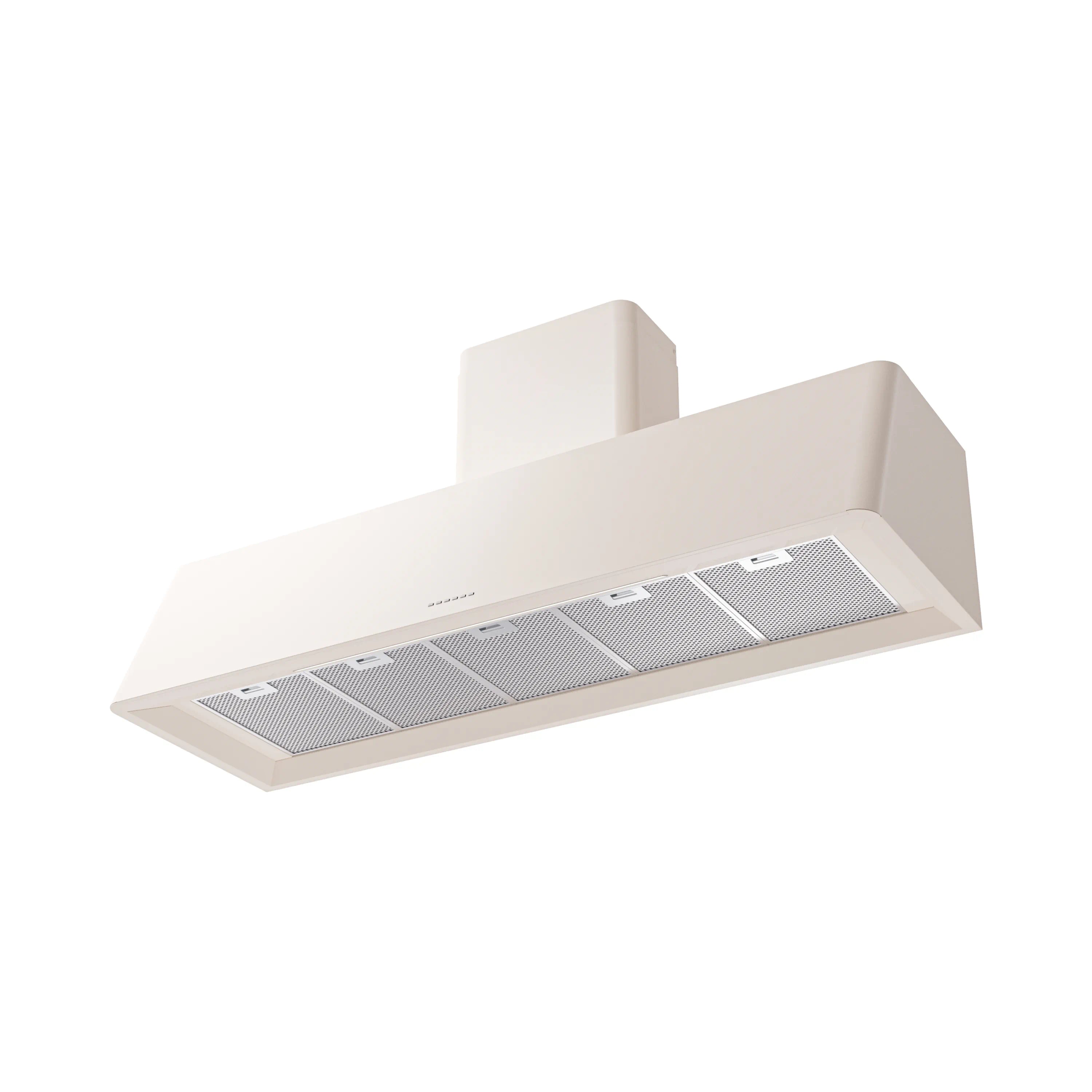 Antique white wall-mounted range hood with visible stainless mesh filters under canopy