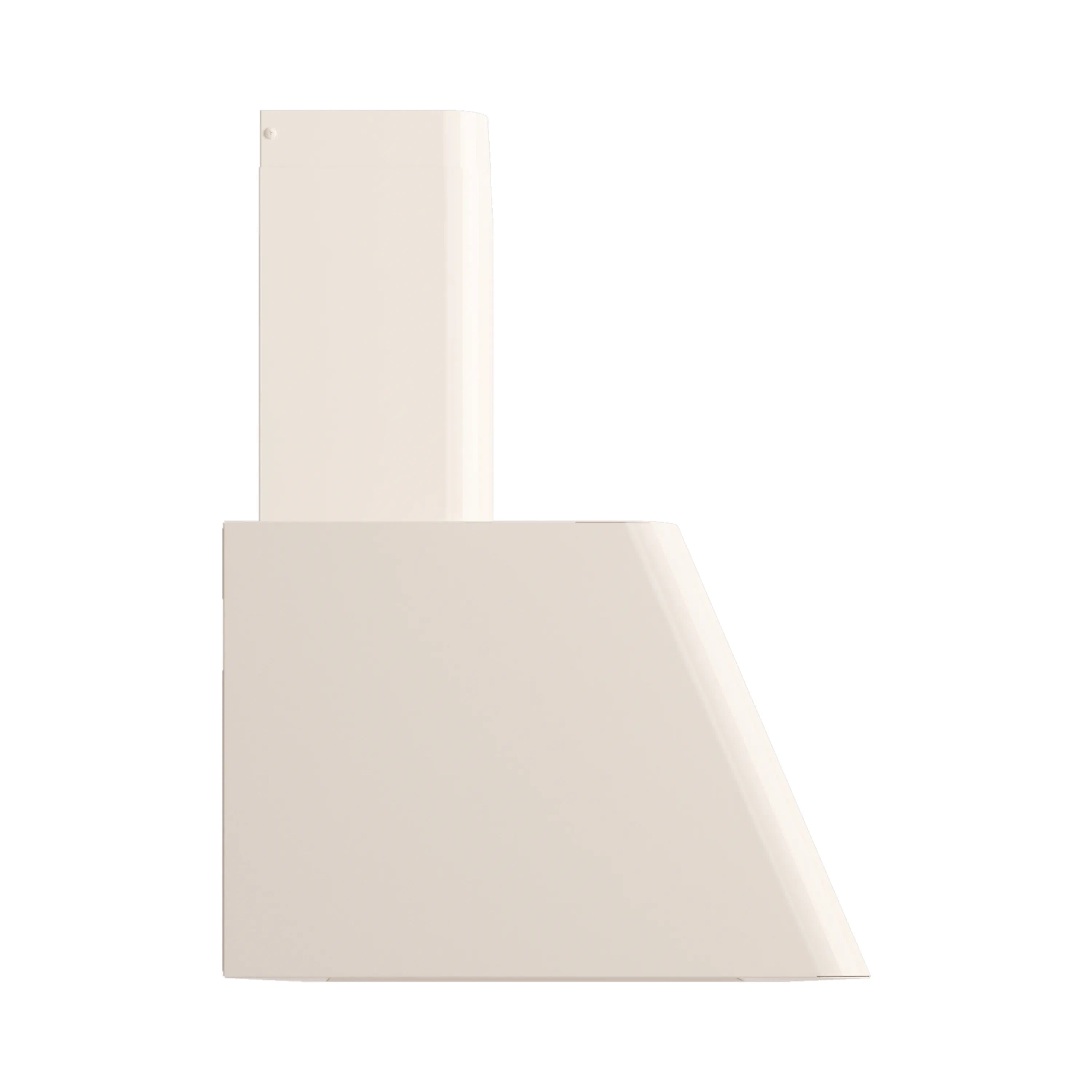 Antique white wall-mounted range hood showing angled canopy and tall chimney