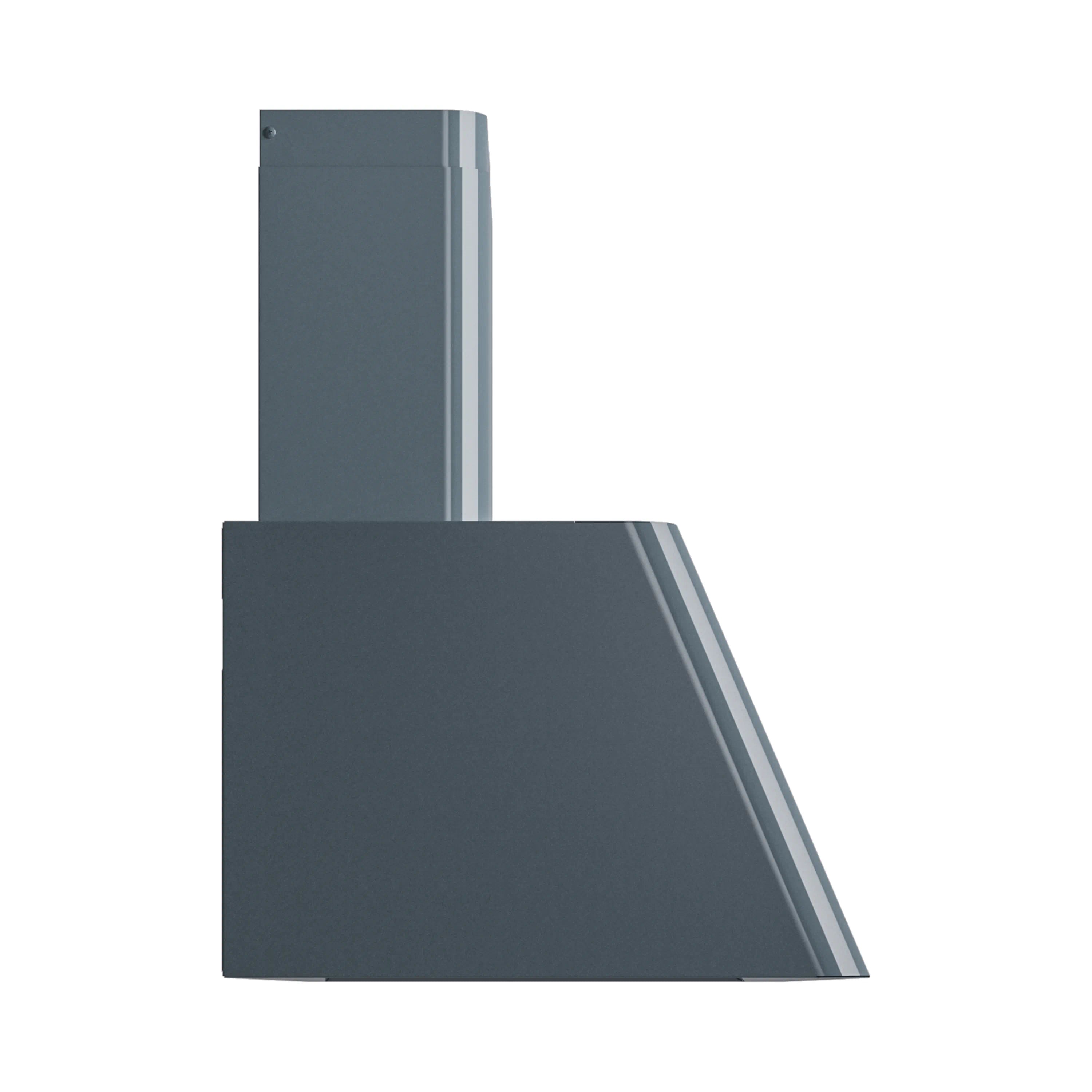 Wall mounted range hood in blue-gray, angled front panel
