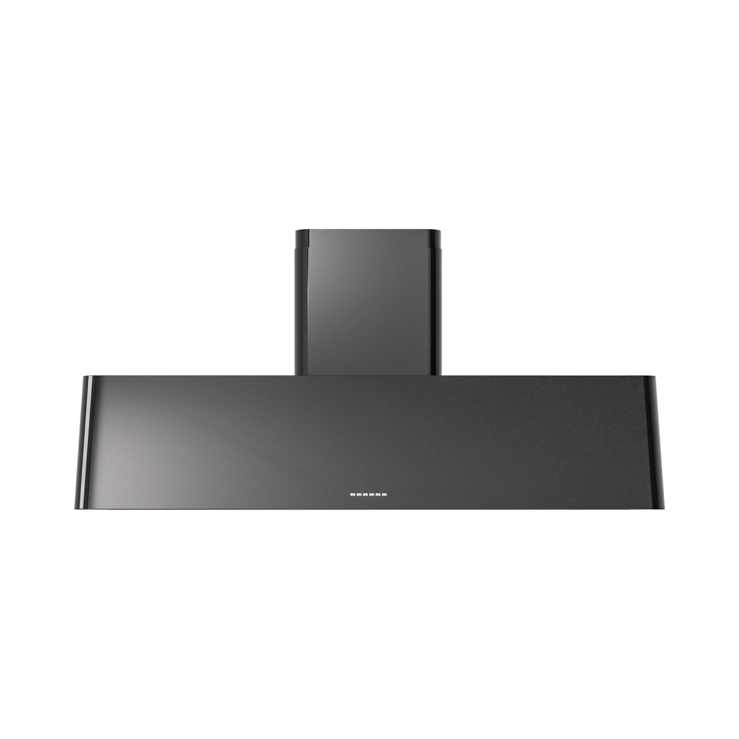 Wall-mounted range hood in glossy black with chimney and flat canopy