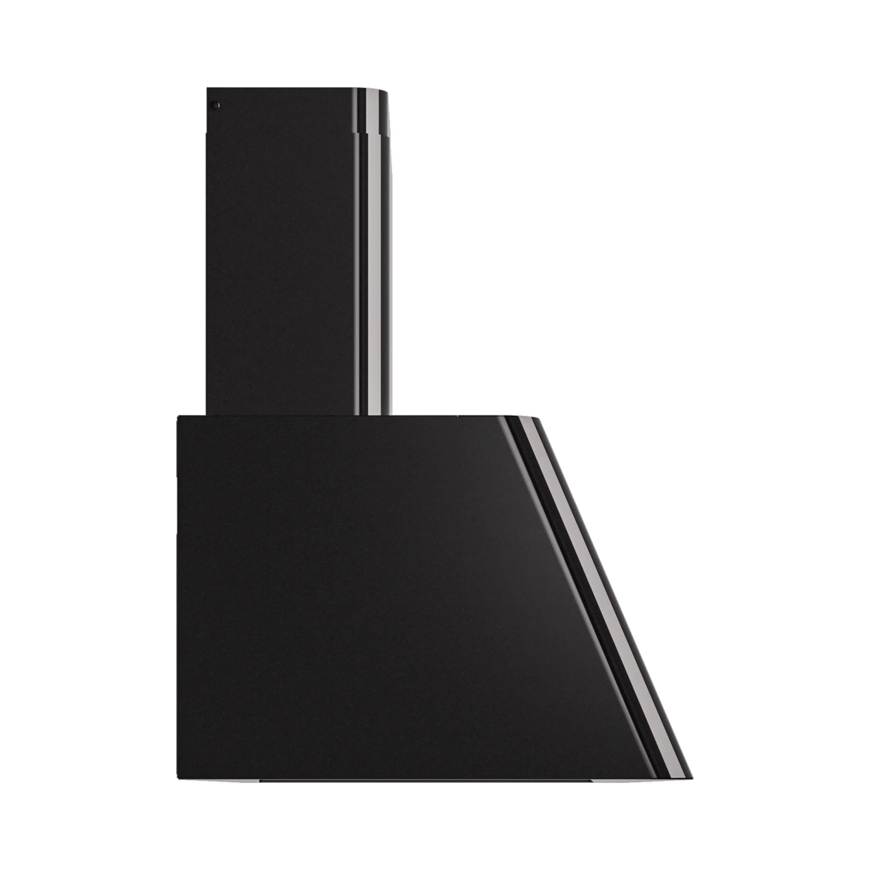 Wall-mounted range hood in glossy black, angled view of chimney and canopy