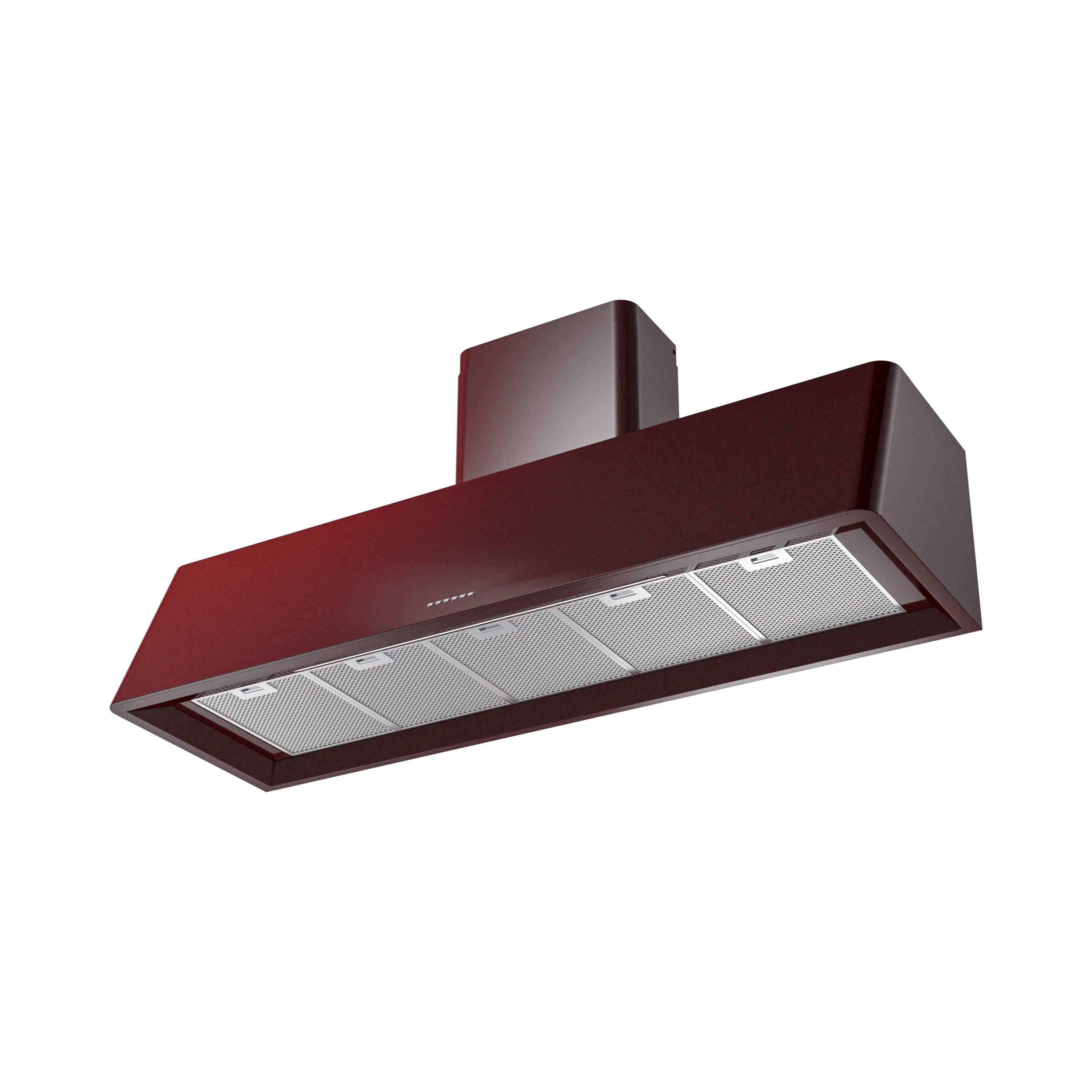 Burgundy wall-mounted range hood with stainless grease filters, front top view