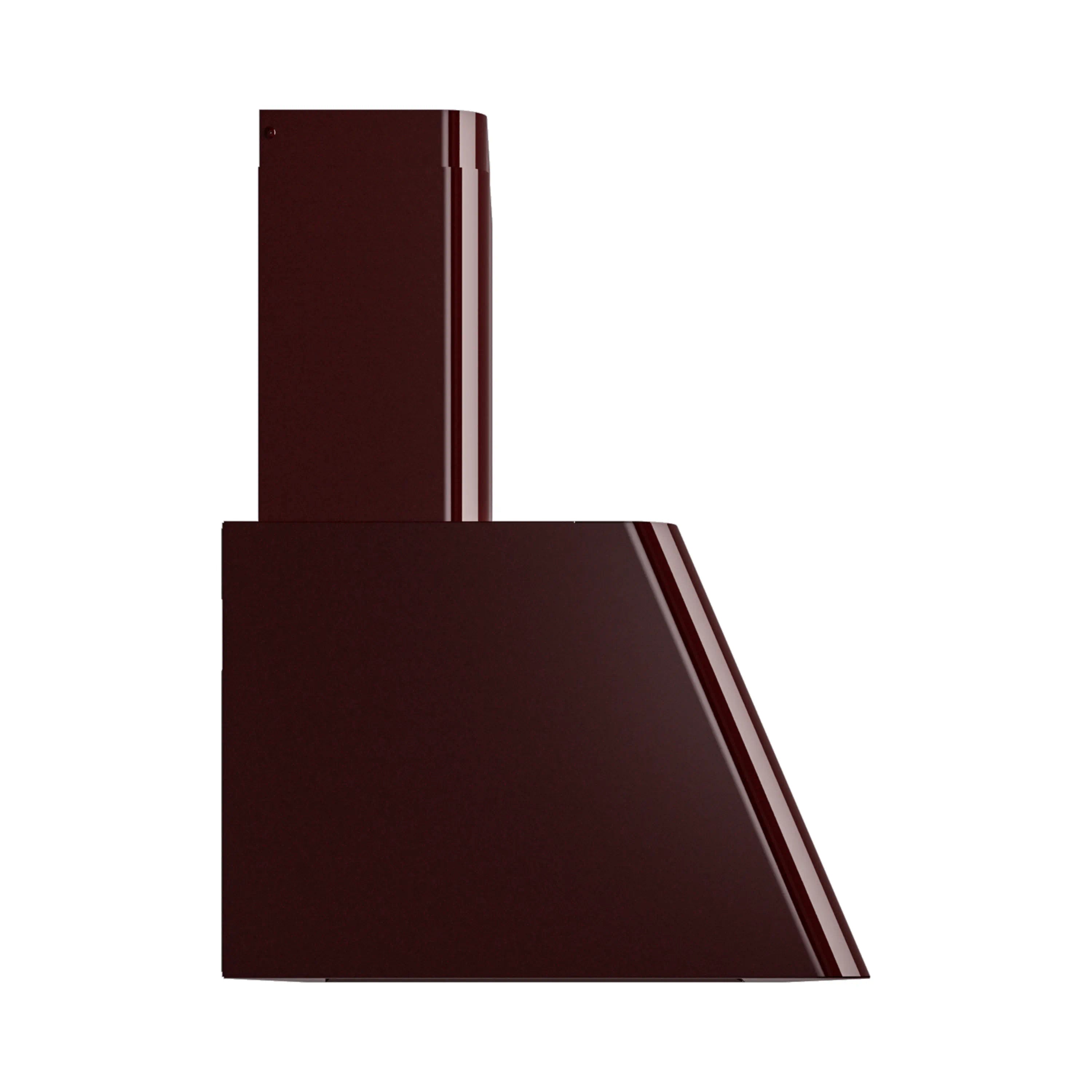 Burgundy wall-mounted range hood with chimney, angled front view