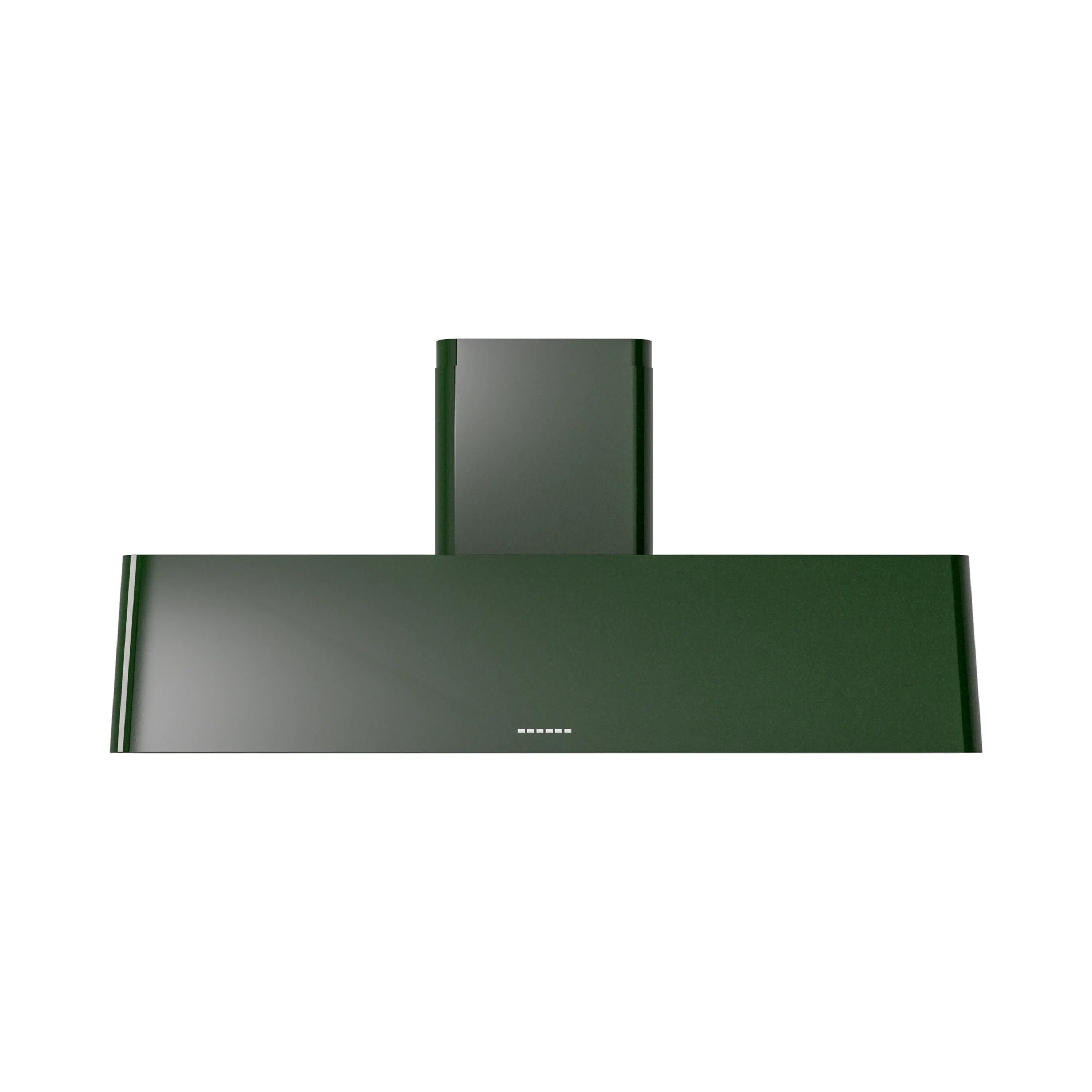 Emerald green wall-mounted range hood with flat canopy and chimney.