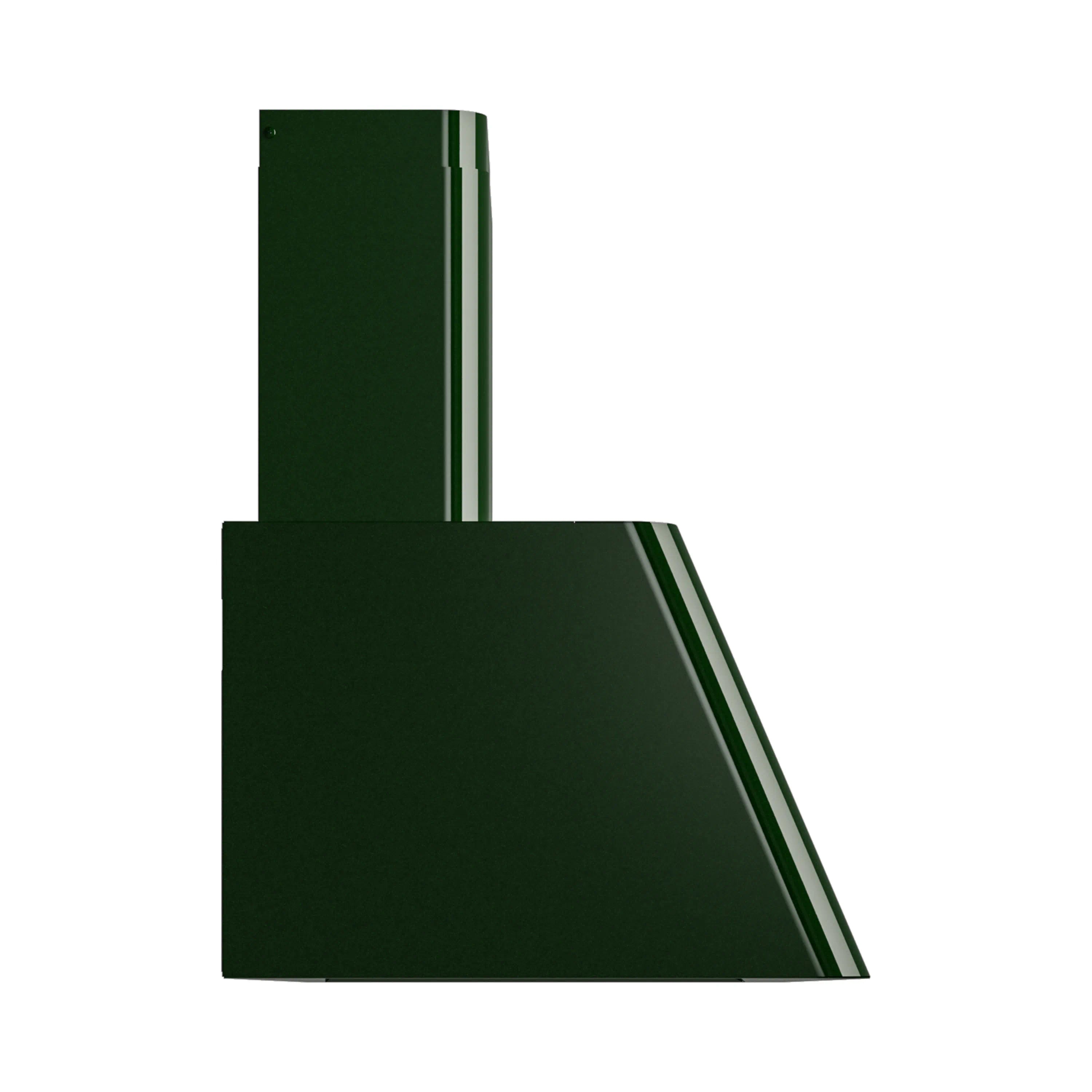 Emerald green wall-mounted range hood, angled side view with chimney.