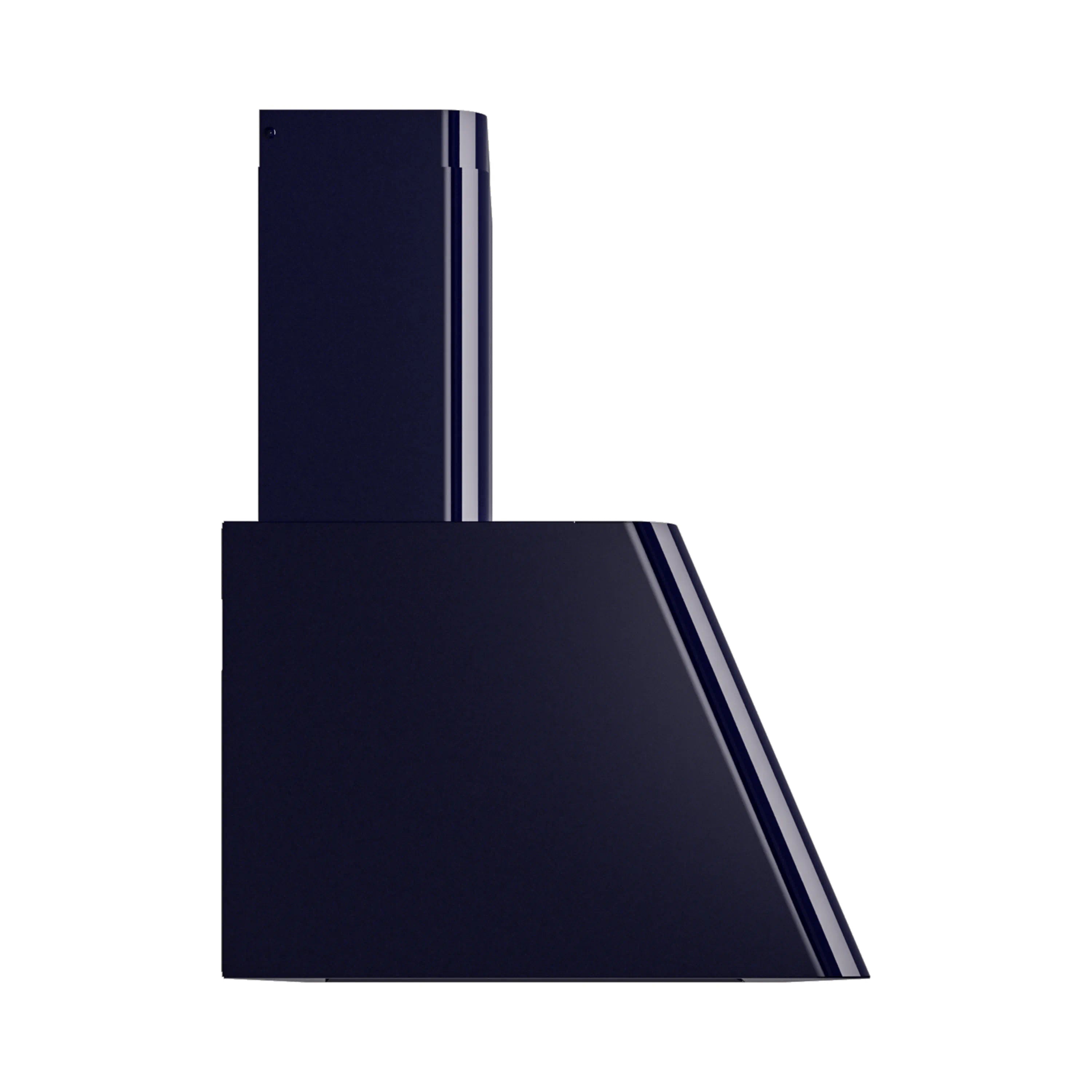 Midnight blue wall mounted range hood angled side view