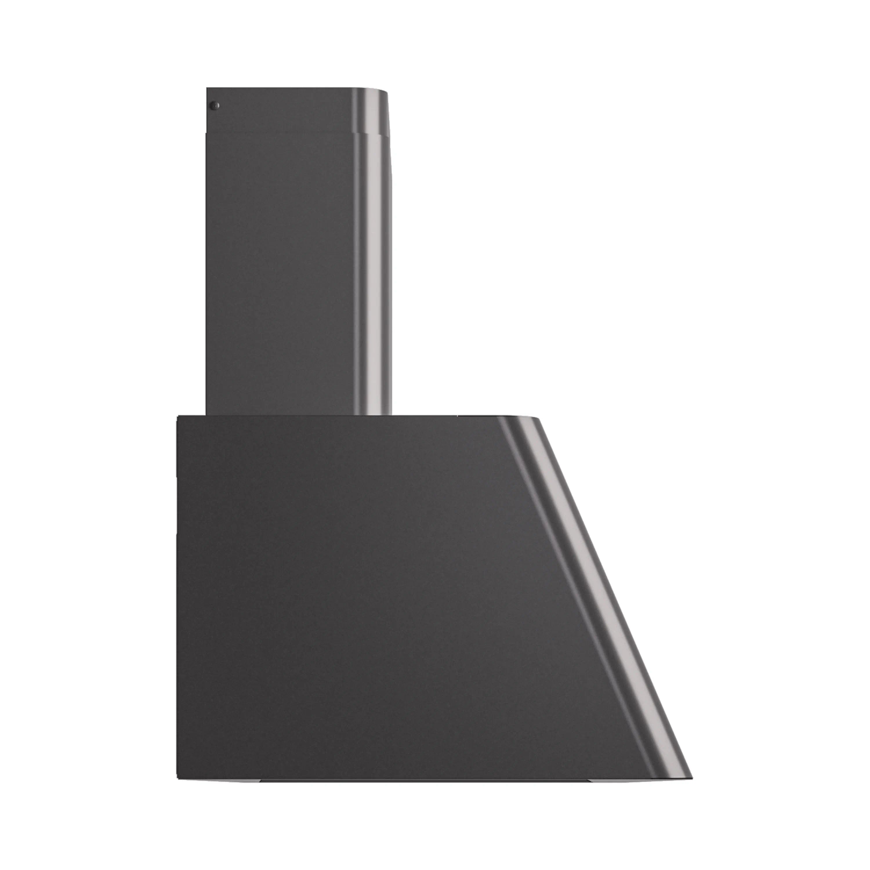 Graphite matte wall-mounted range hood side angle, curved chimney and canopy