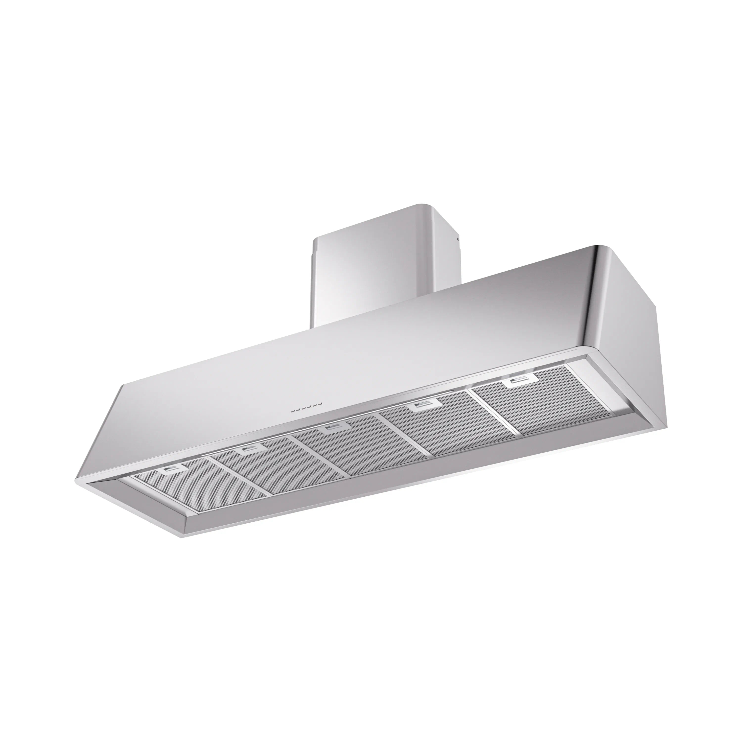 Stainless steel range hood underside with mesh grease filters and rectangular lights