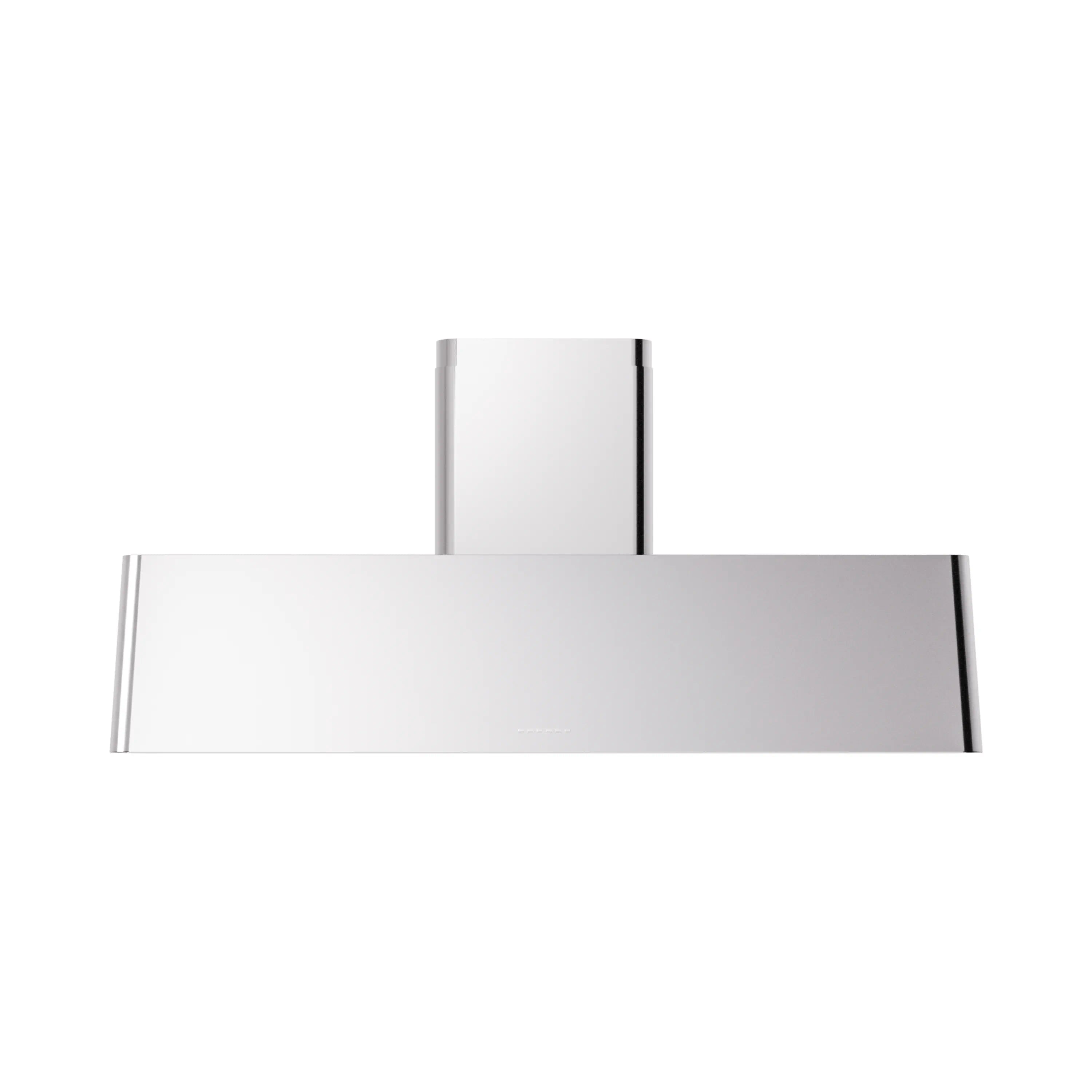 Stainless steel wall mounted range hood with wide canopy and chimney stack