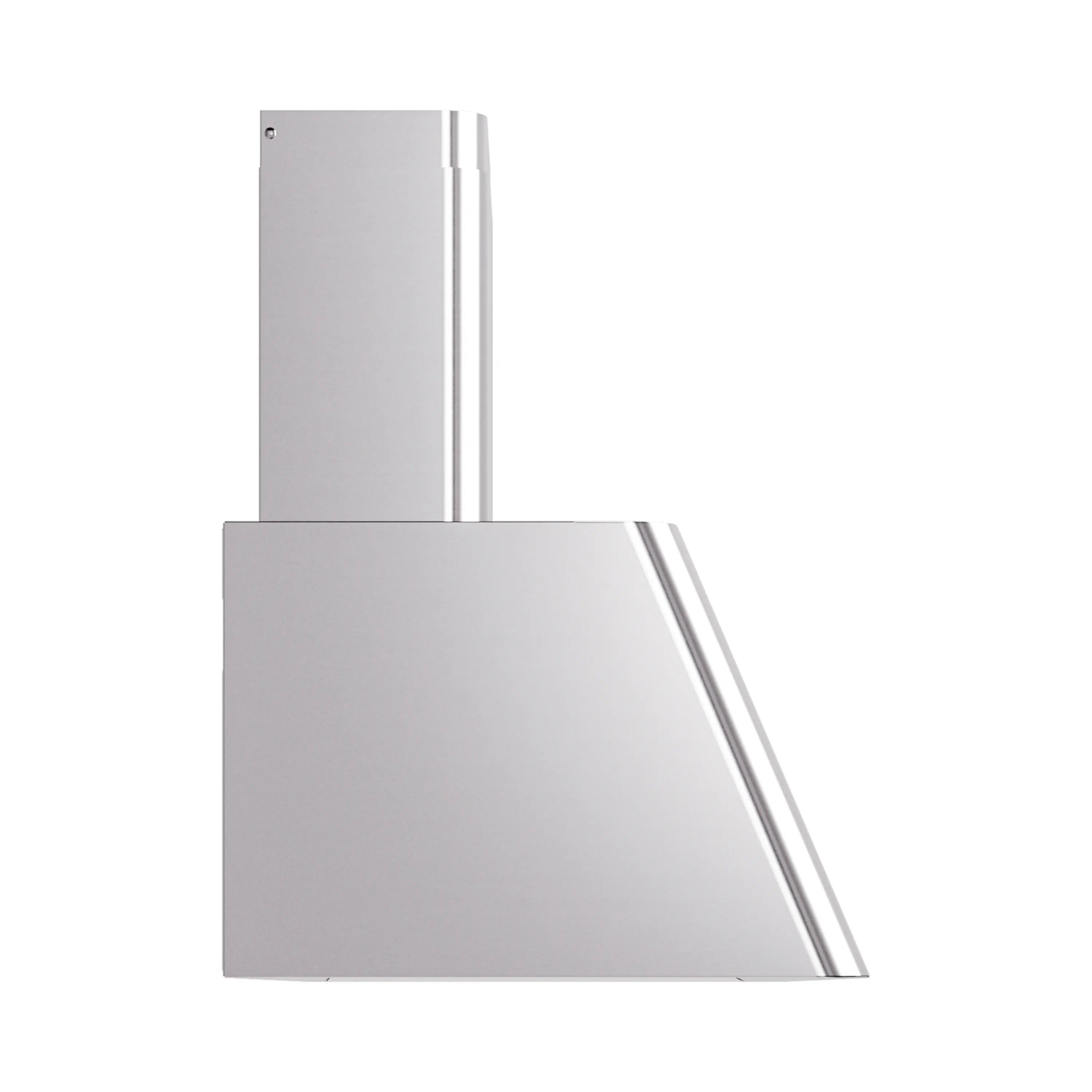 Stainless steel wall mounted range hood with angled side panel and chimney
