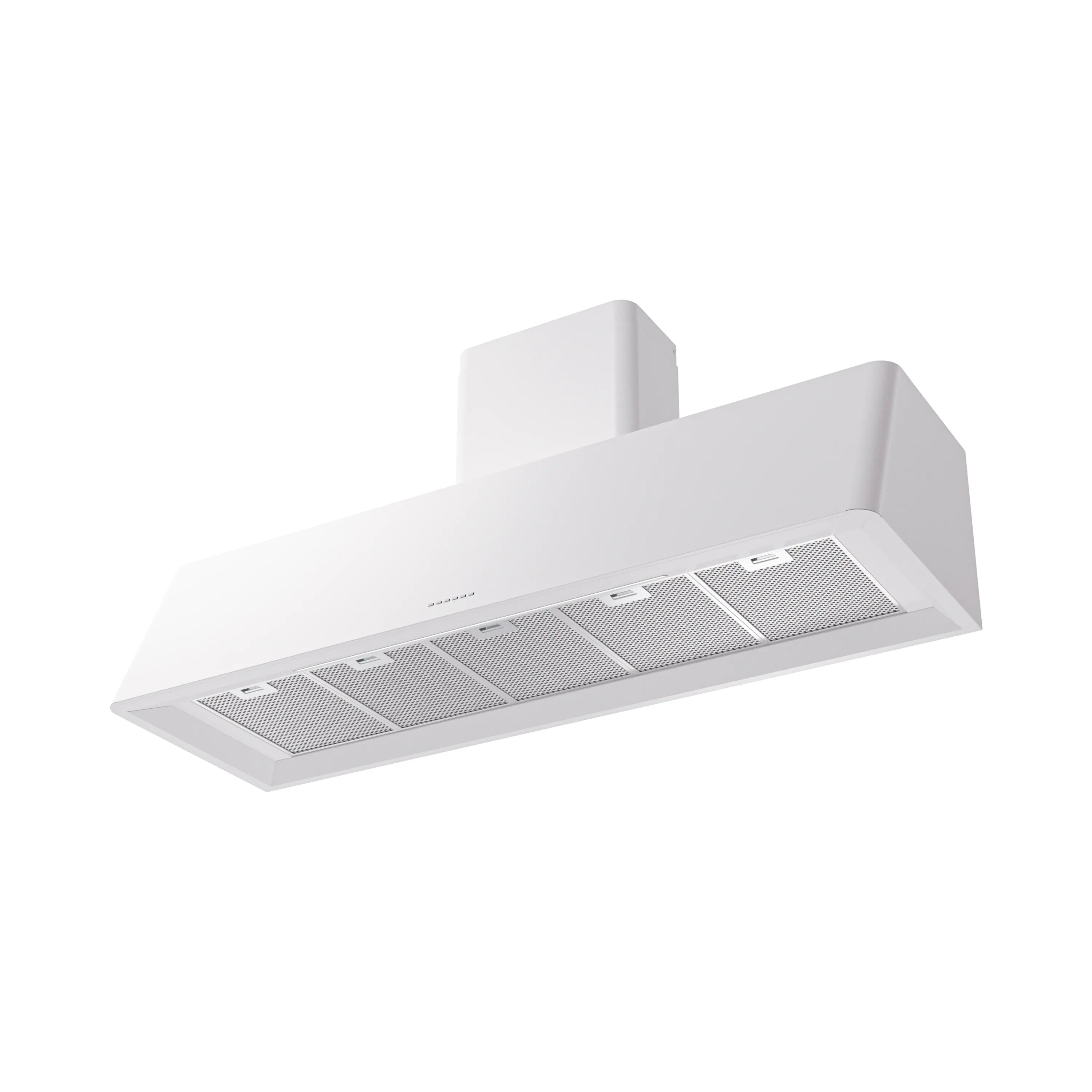 White wall-mounted range hood showing built-in mesh filter panels under the canopy.