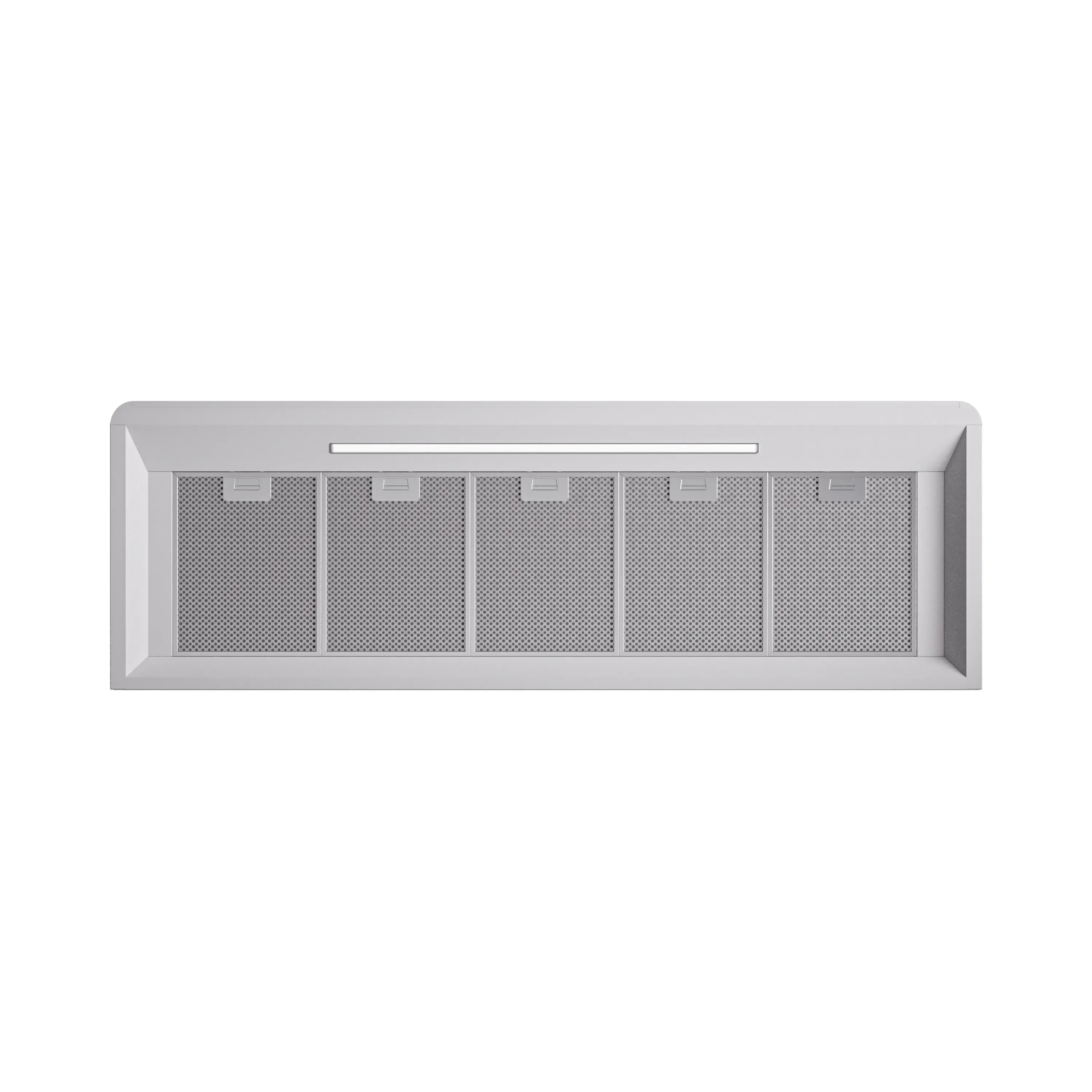 White wall-mounted range hood front view with five recessed mesh filter sections.