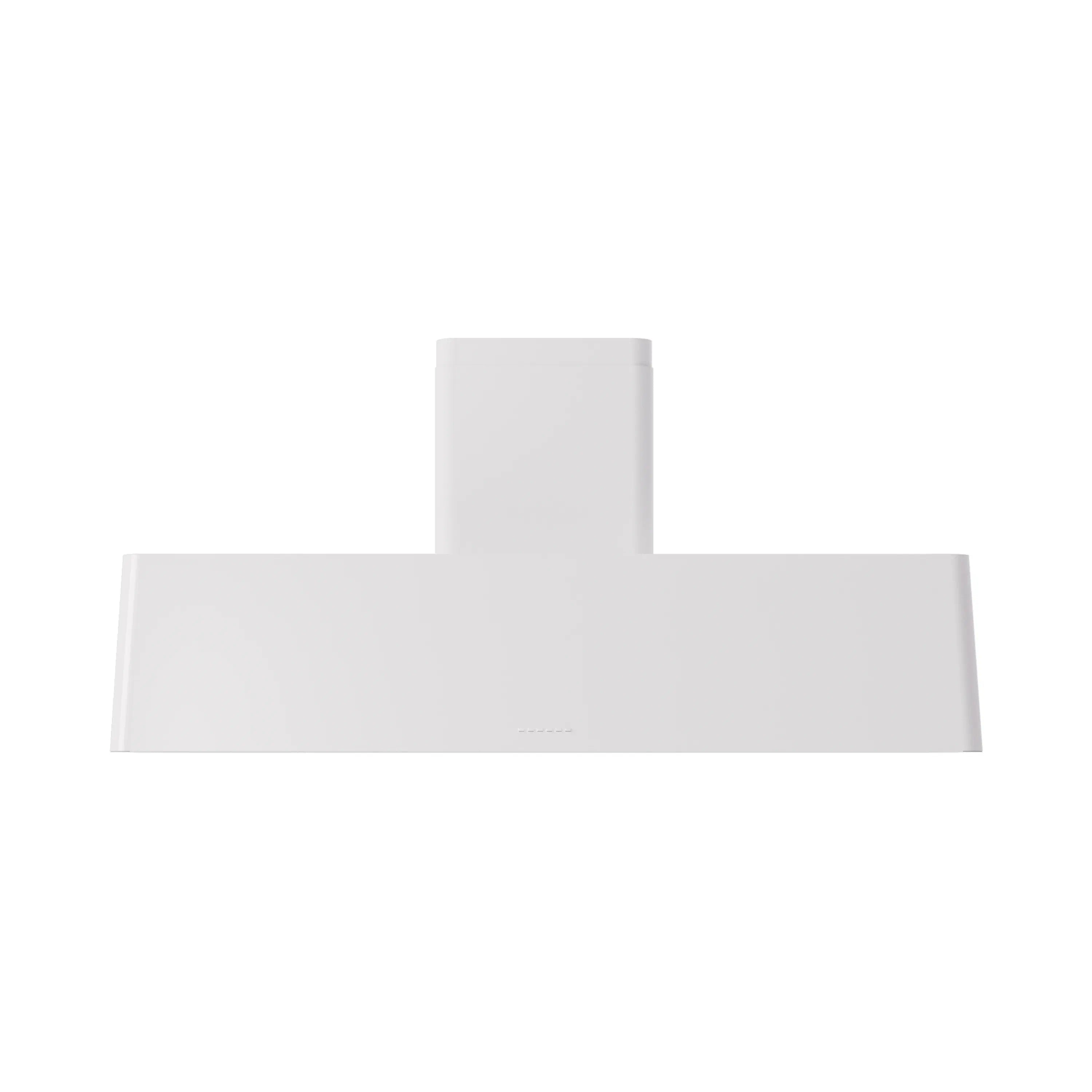 White wall-mounted range hood chimney with wide rectangular canopy.