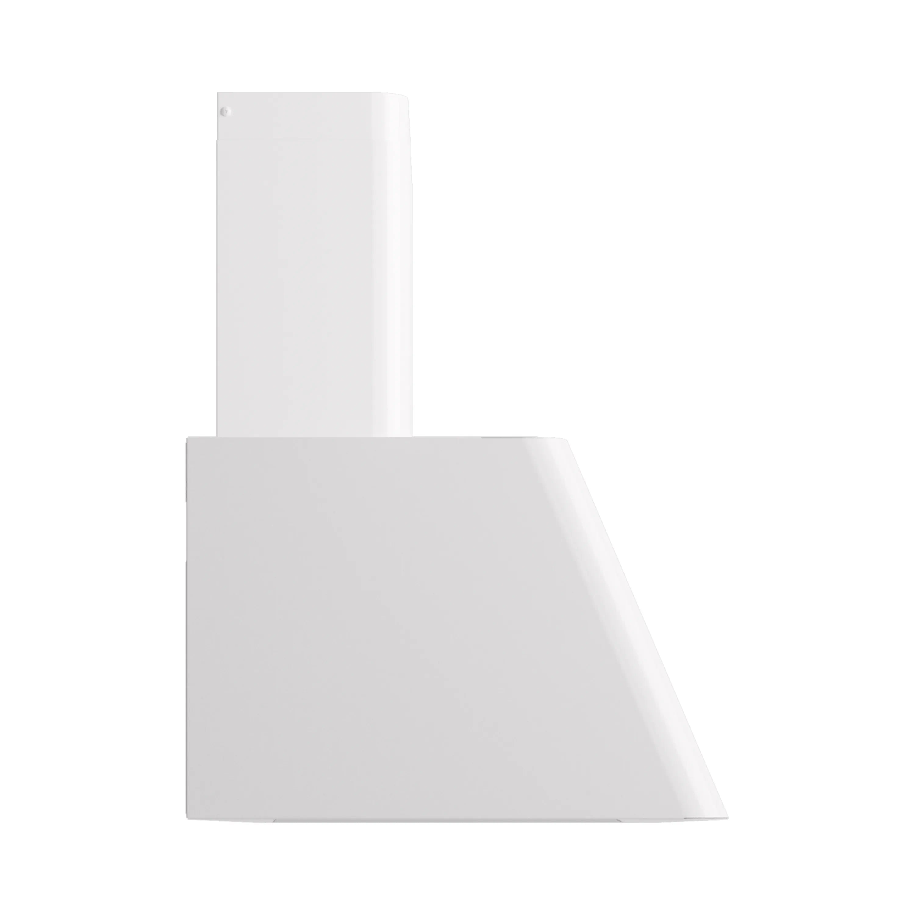 White wall-mounted range hood with angled front panel and chimney flue.
