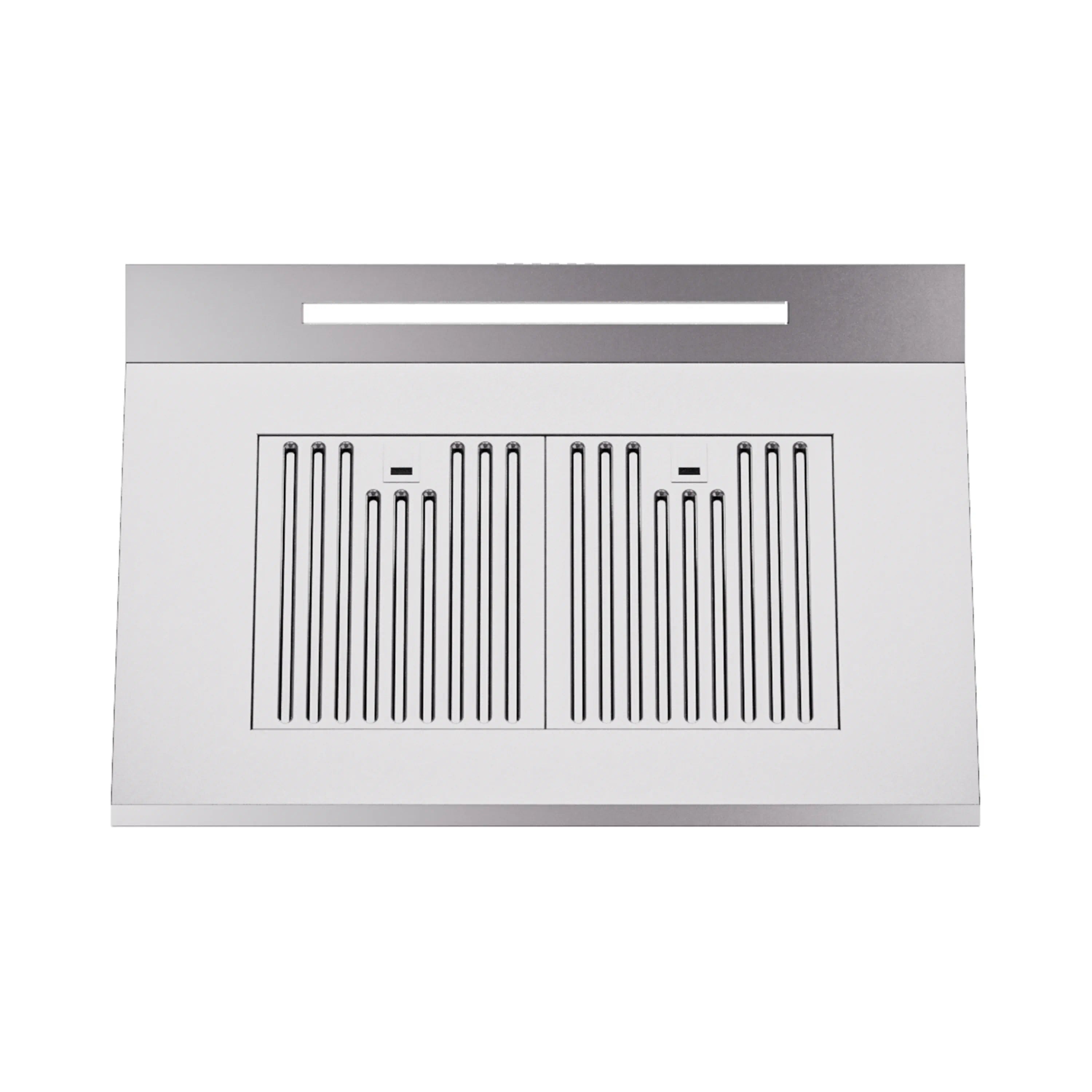 Stainless steel wall-mount range hood with light bar and slotted fan grille