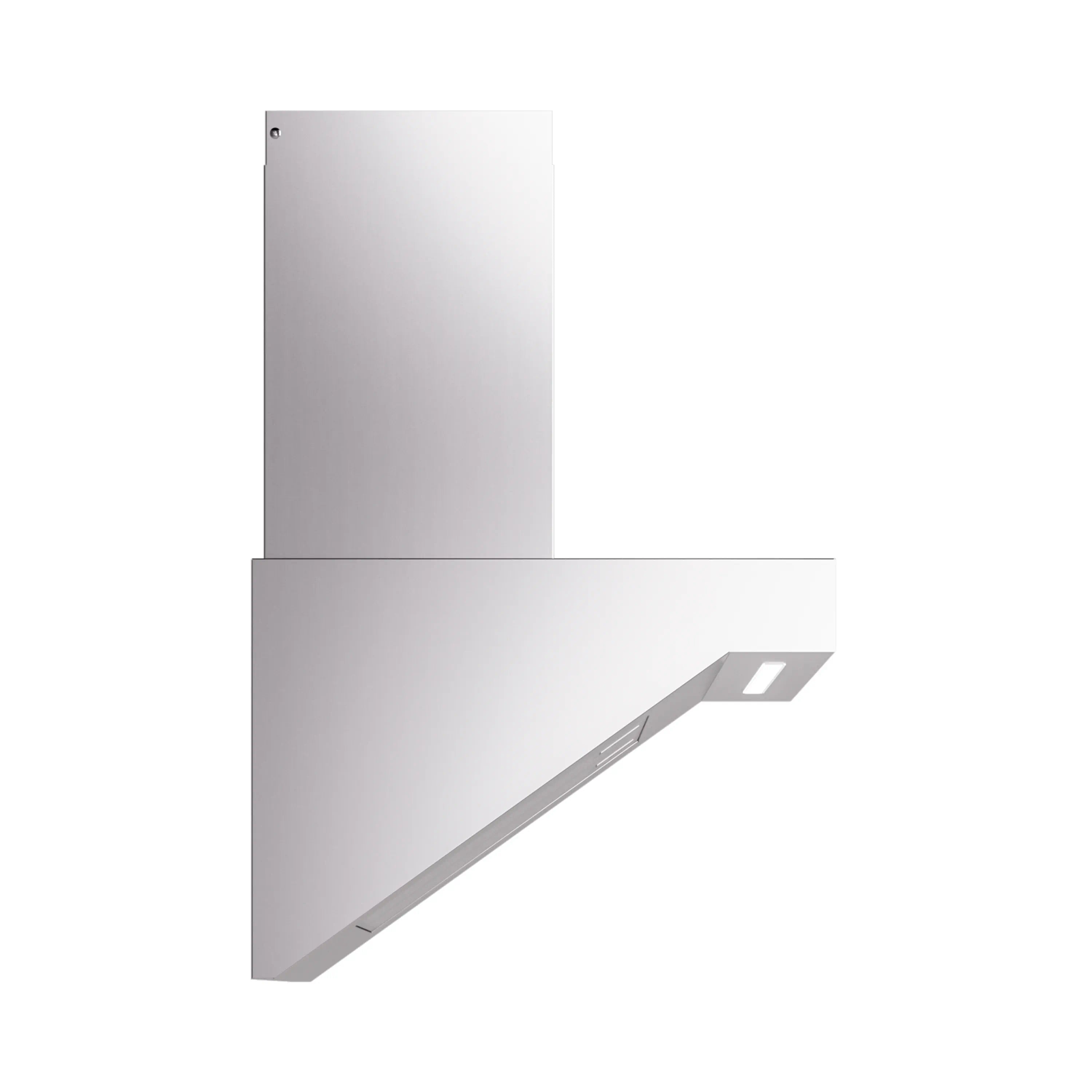 Stainless steel wall-mount range hood side view with chimney and angled underside