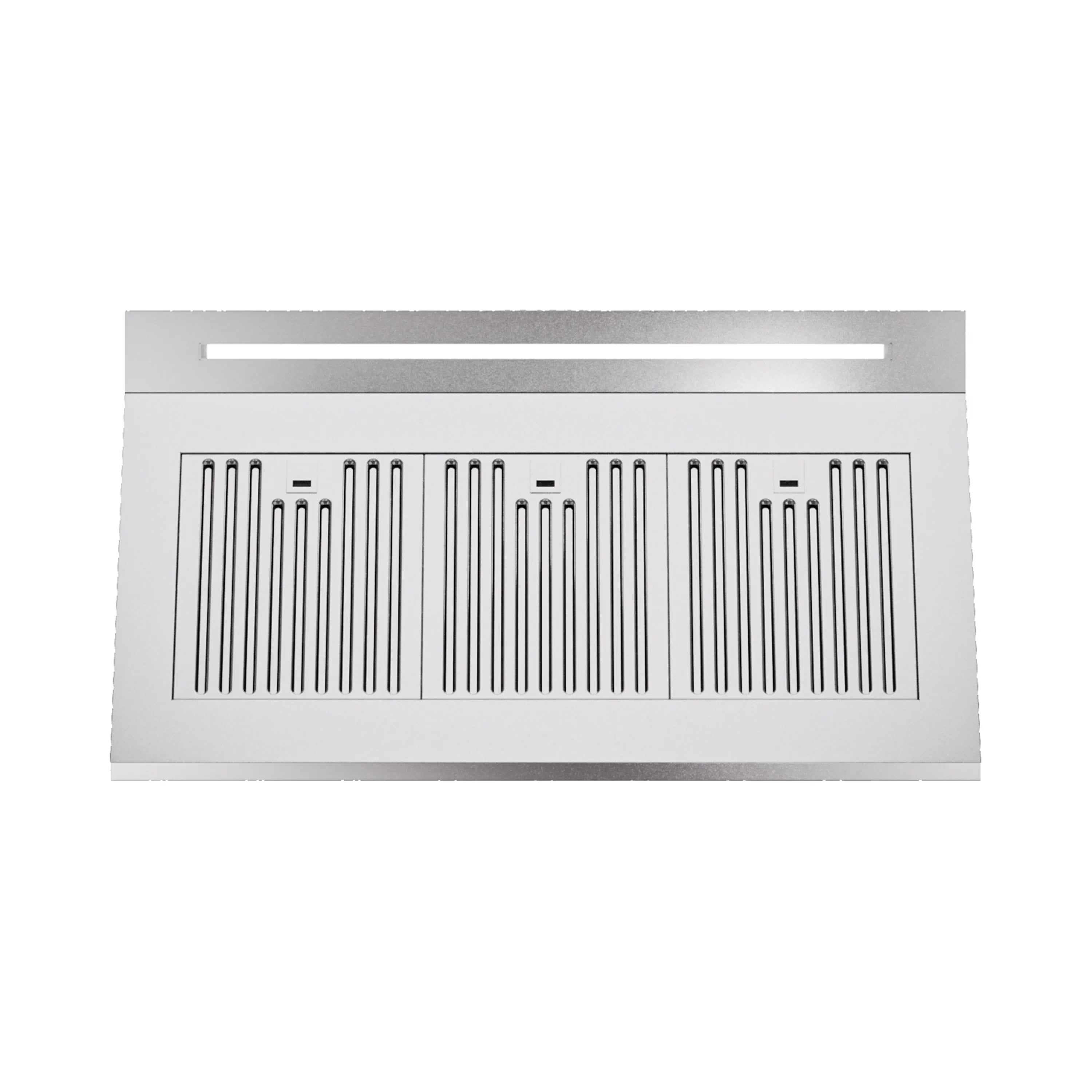 Stainless steel ducted range hood front with ribbed vent grille and control strip