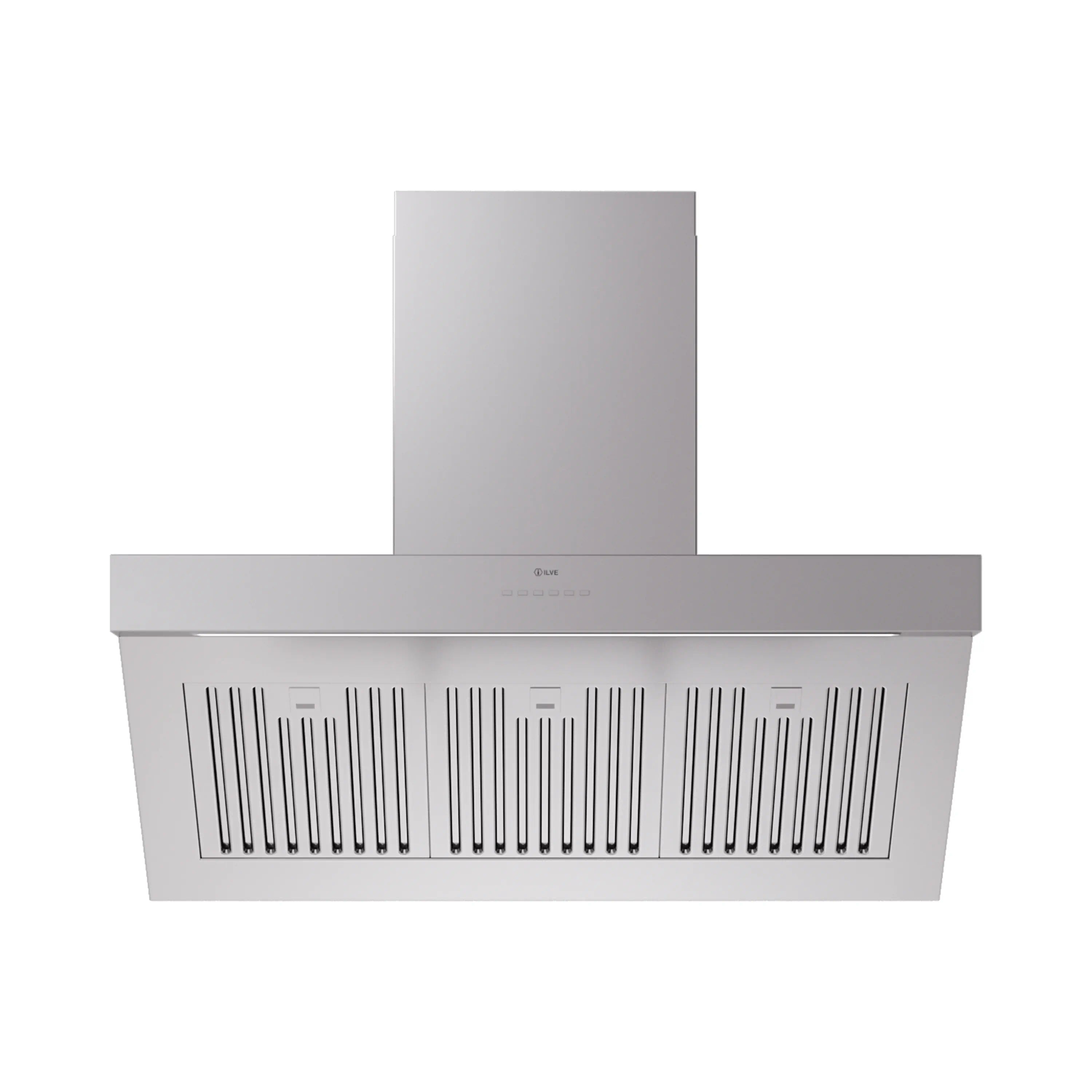 Stainless steel ducted range hood front view with central vent section and chimney