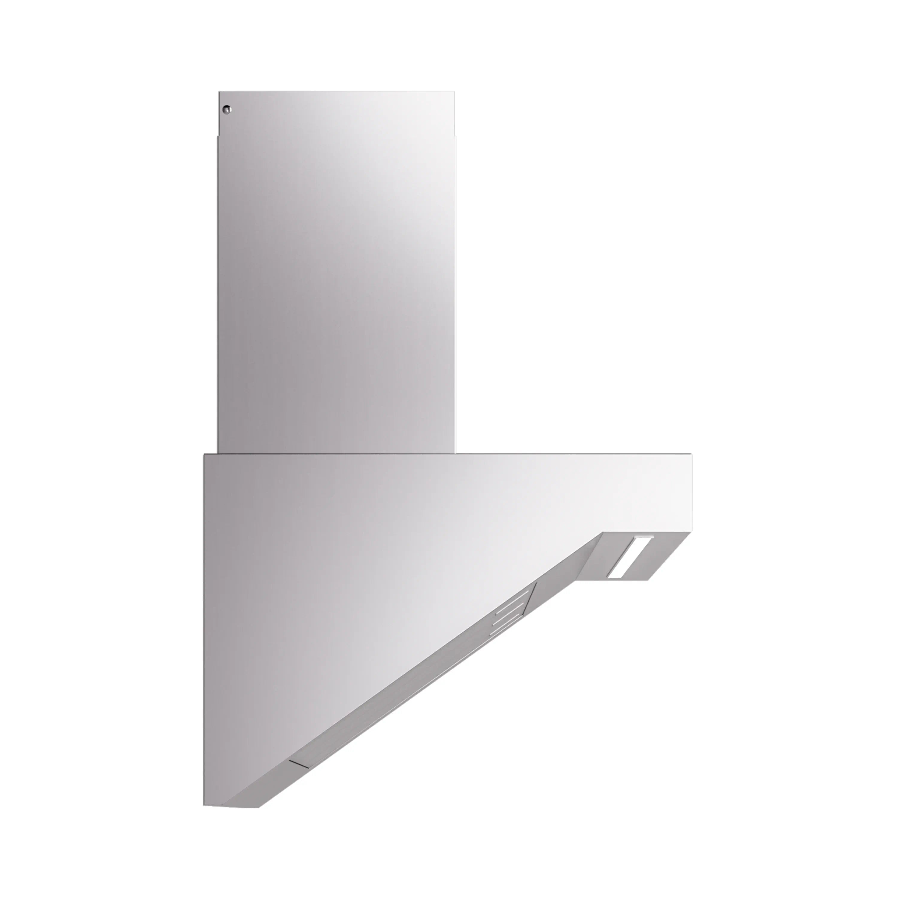 Stainless steel wall range hood angled side view with chimney outlet and vent