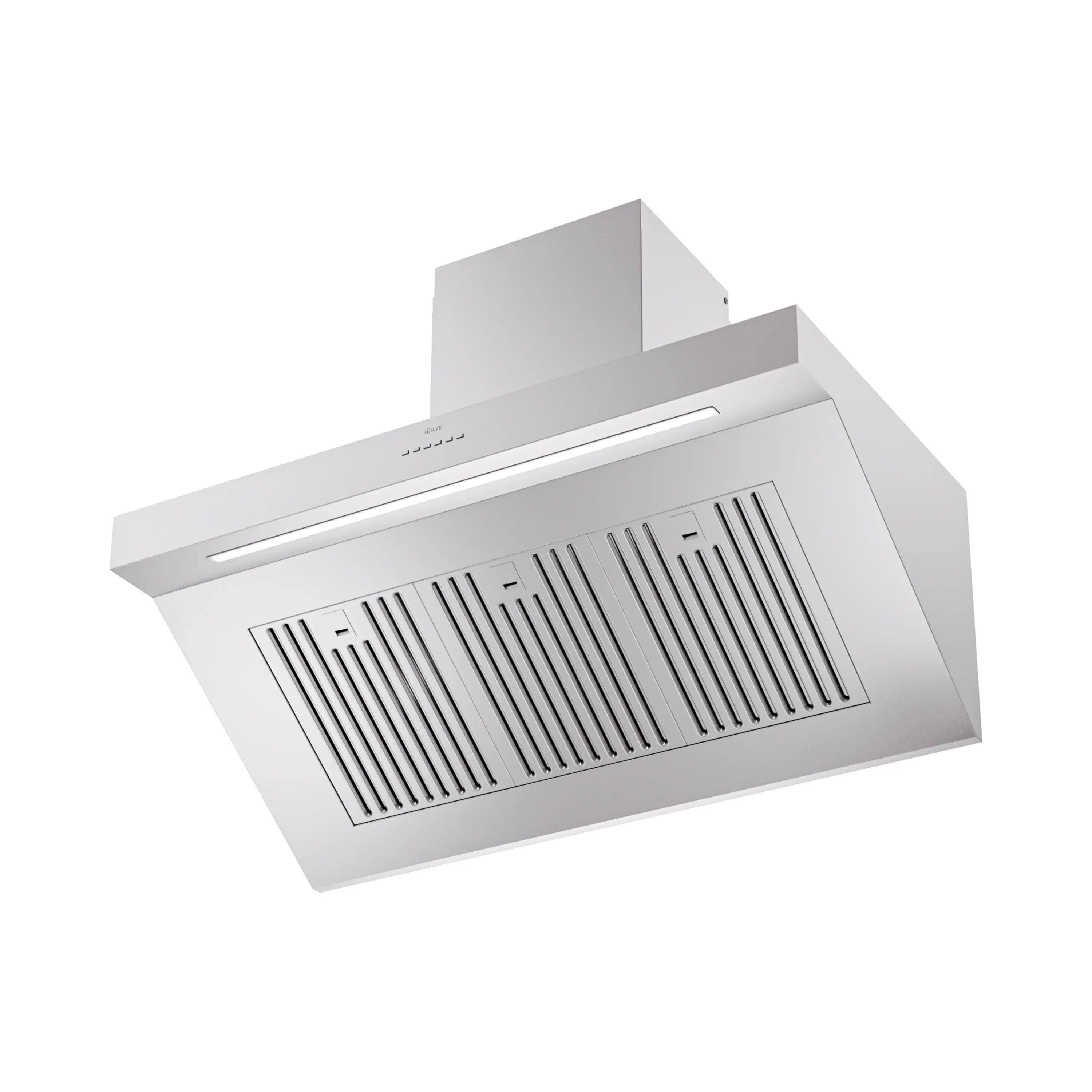 Stainless steel wall-mount range hood with front vent grille and long light strip