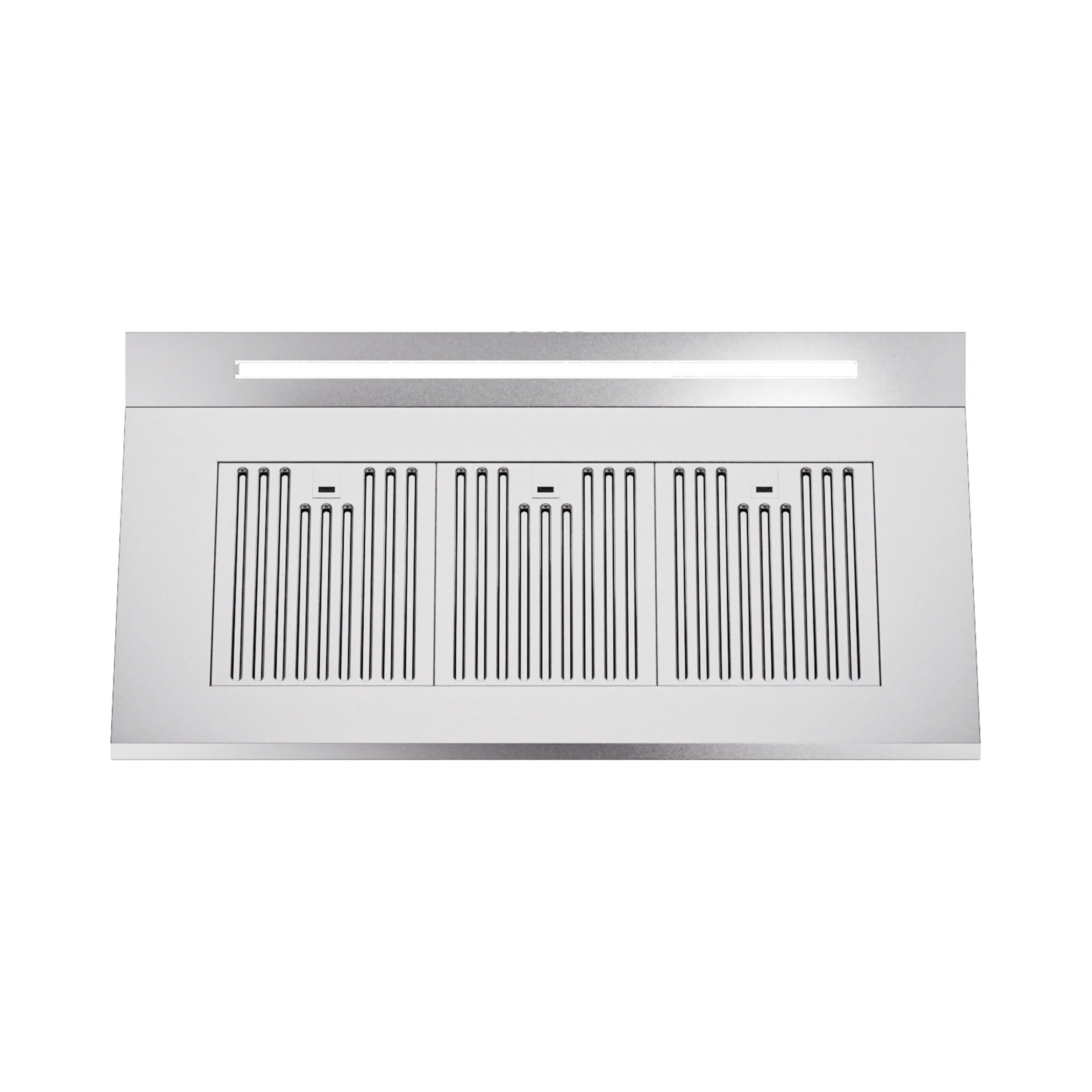 Stainless steel wall-mount ducted range hood with front grille and control panel