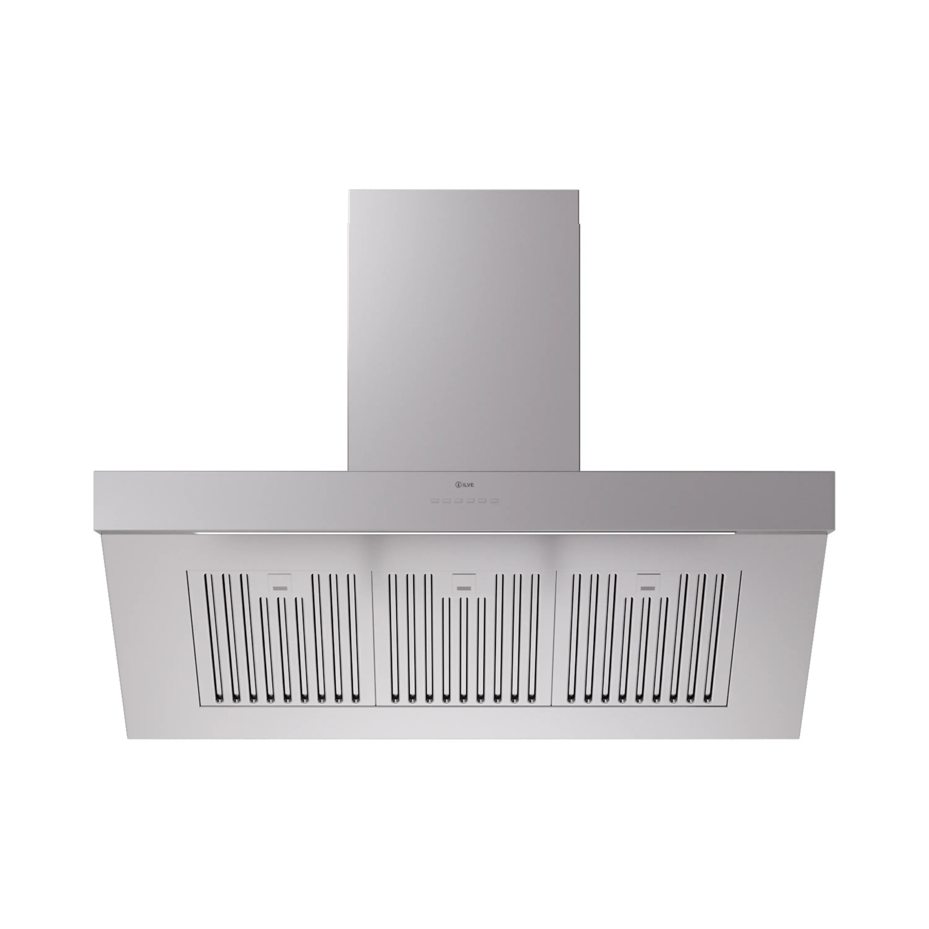 Stainless steel wall-mount ducted range hood underside with vent grilles