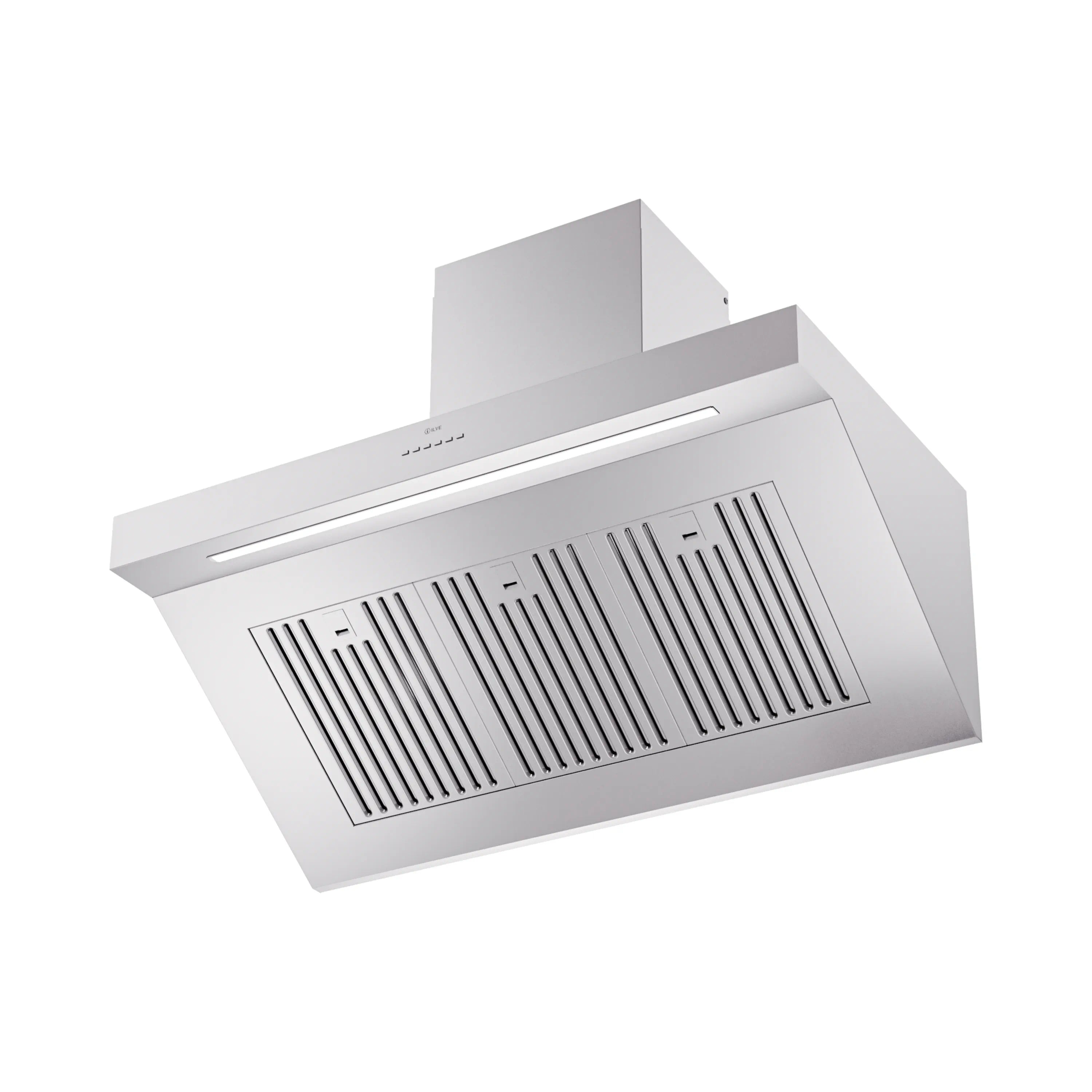 Stainless steel wall-mount ducted range hood with front grille and light bar