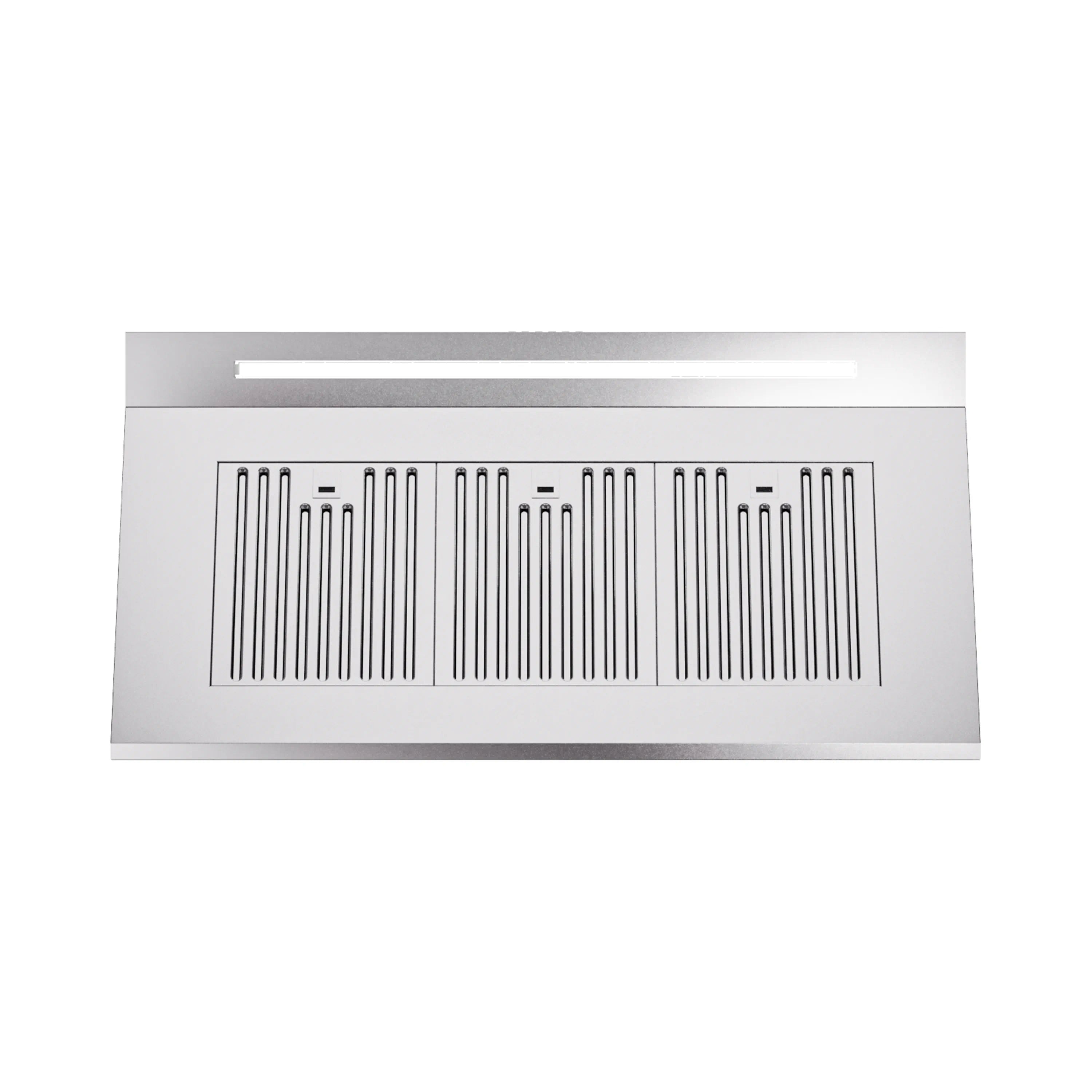 Stainless steel wall-mount ducted range hood with centered grille vents