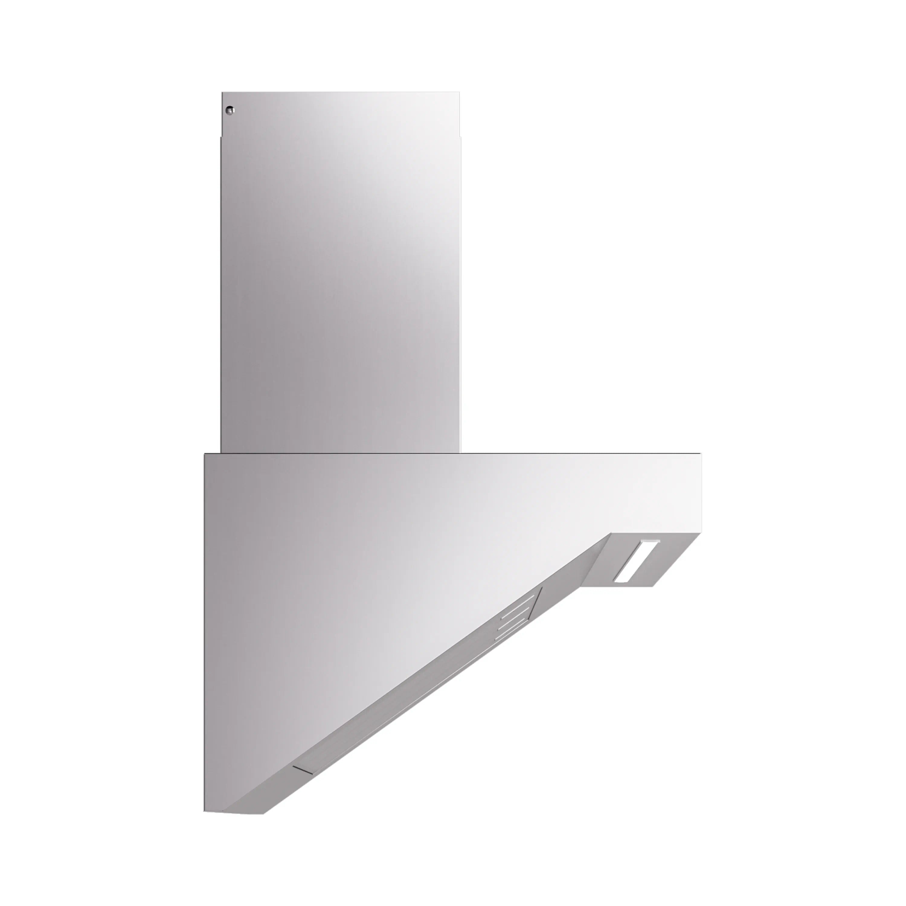 Stainless steel wall-mount ducted range hood in side view, angled chimney