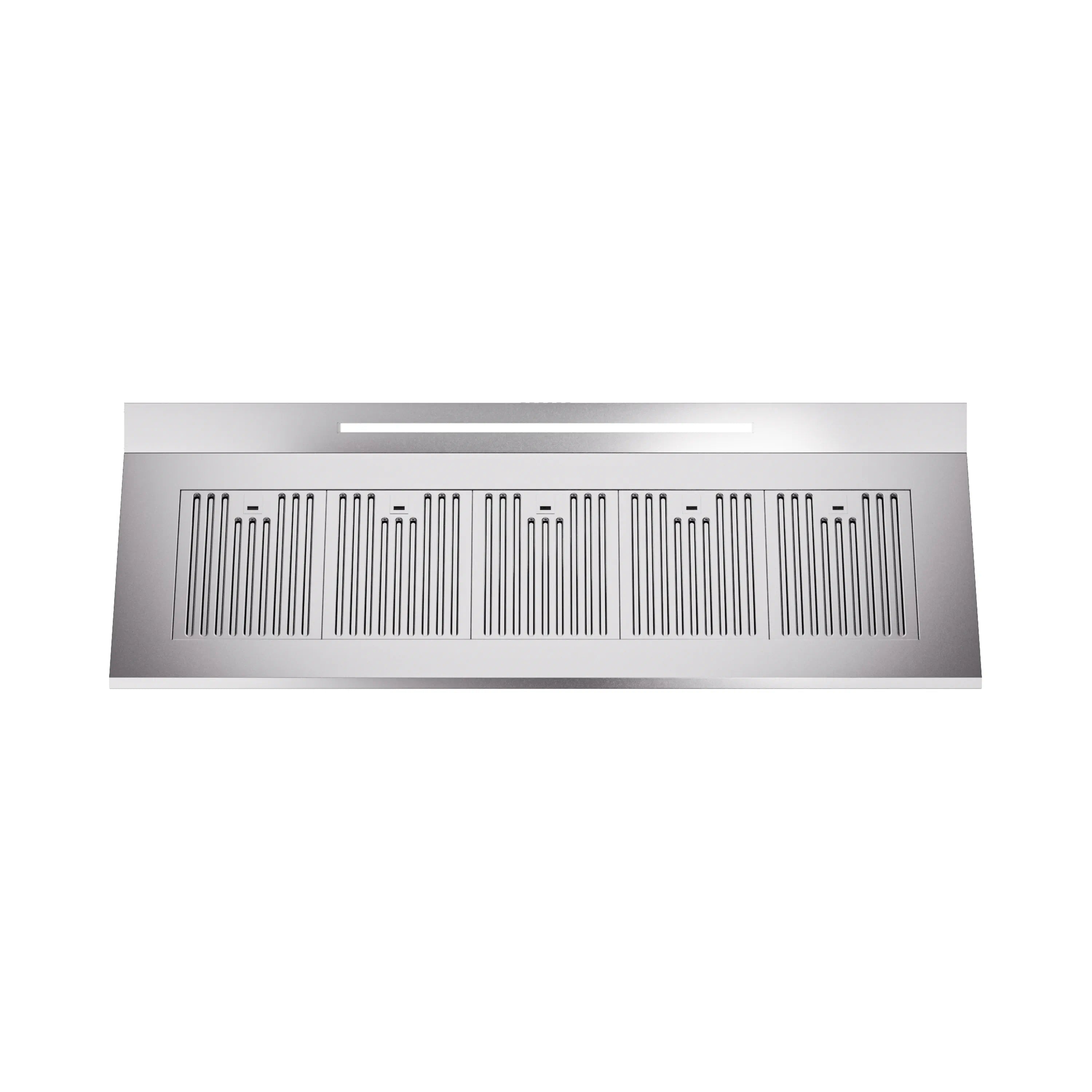 Stainless steel range hood front panel with long vent grille and control bar