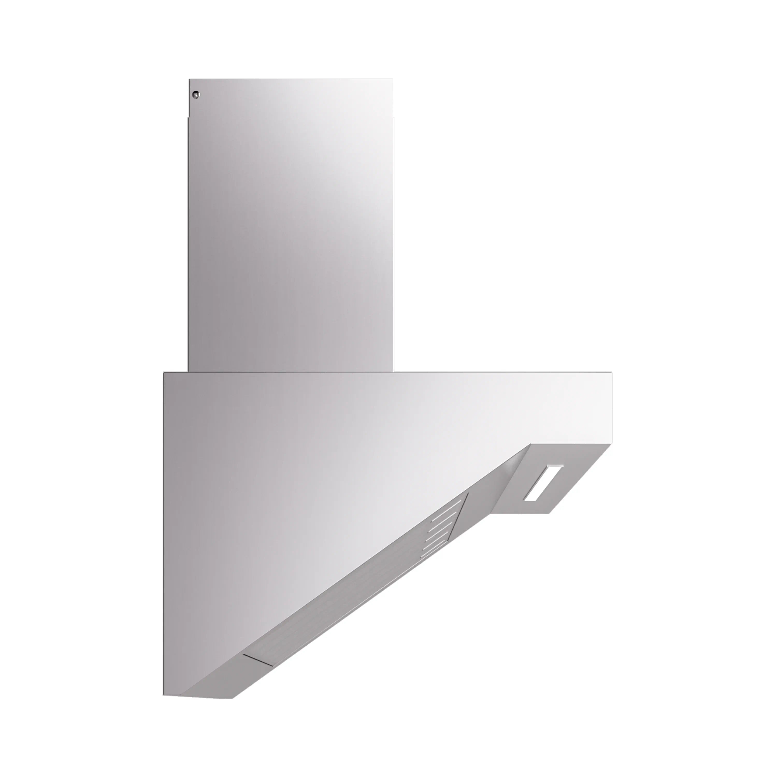 Stainless steel wall-mounted range hood side view with chimney duct and angled front