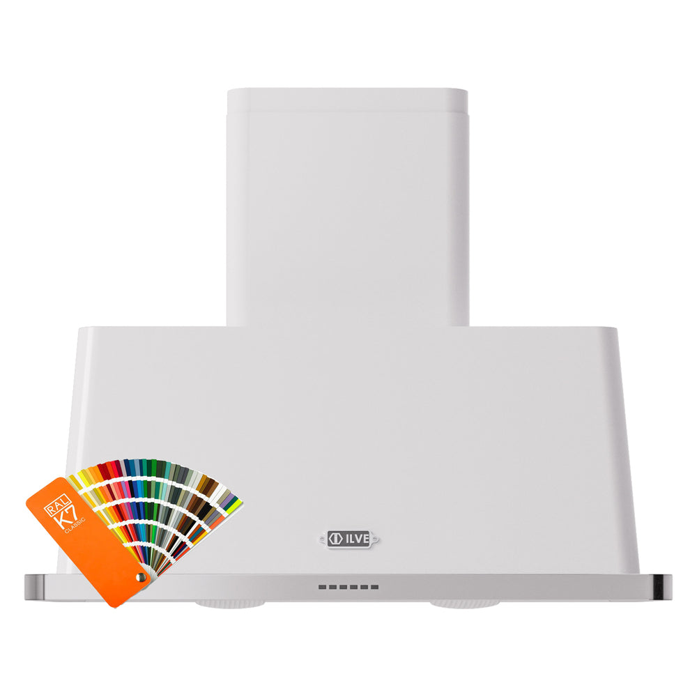 Wall-mount range hood with white finish, front vent slots, and ILVE logo