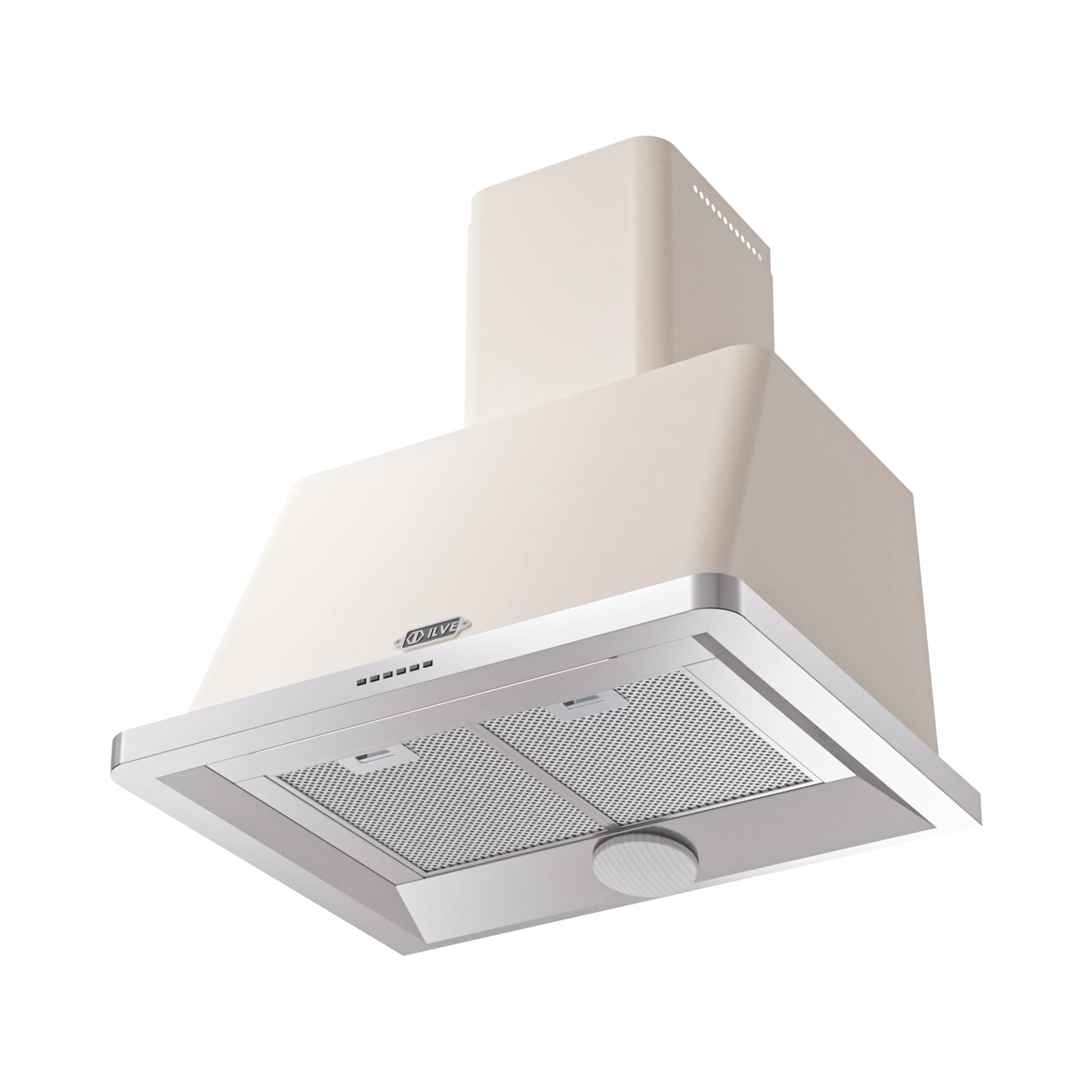 Antique white range hood with stainless baffle cover and dual mesh grease filters